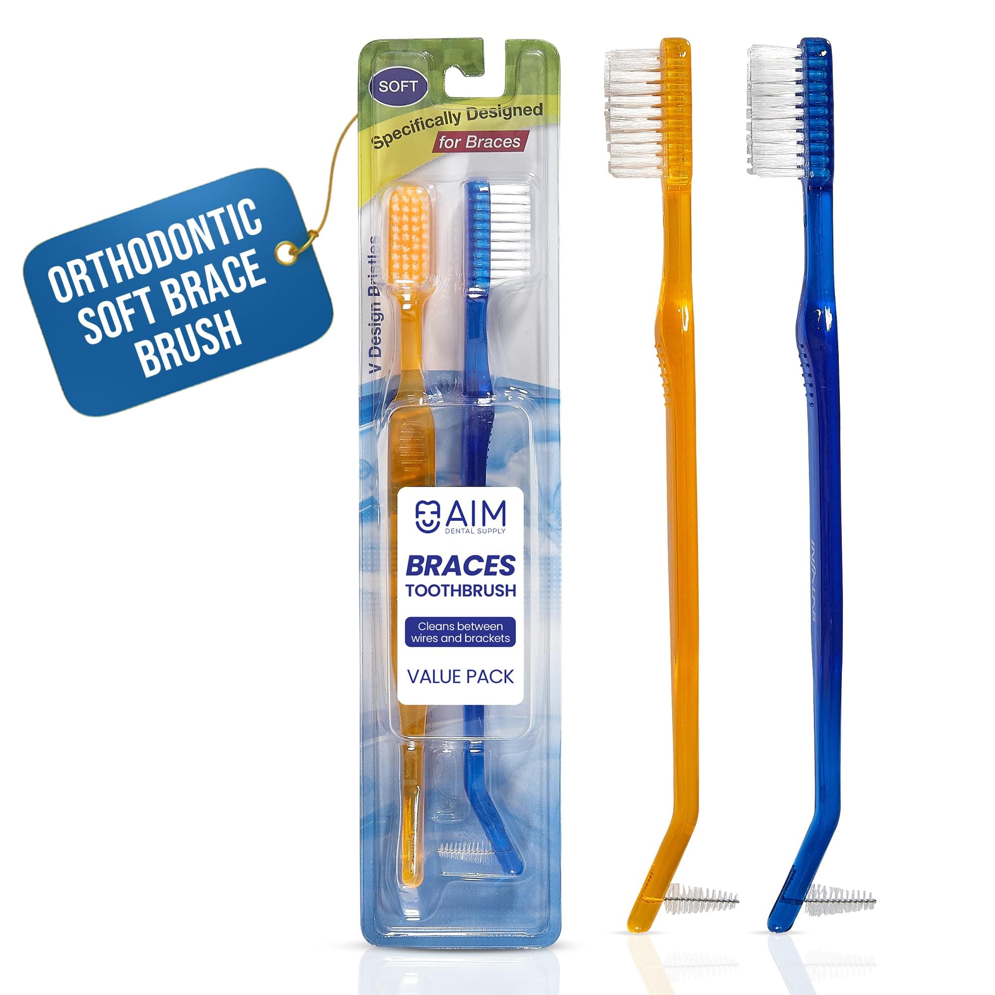 AIM Braces Toothbrush Soft Head V Trimmed Design 2-Pack | Quick Orthodontic Cleaning | Deep Clean Braces at Home