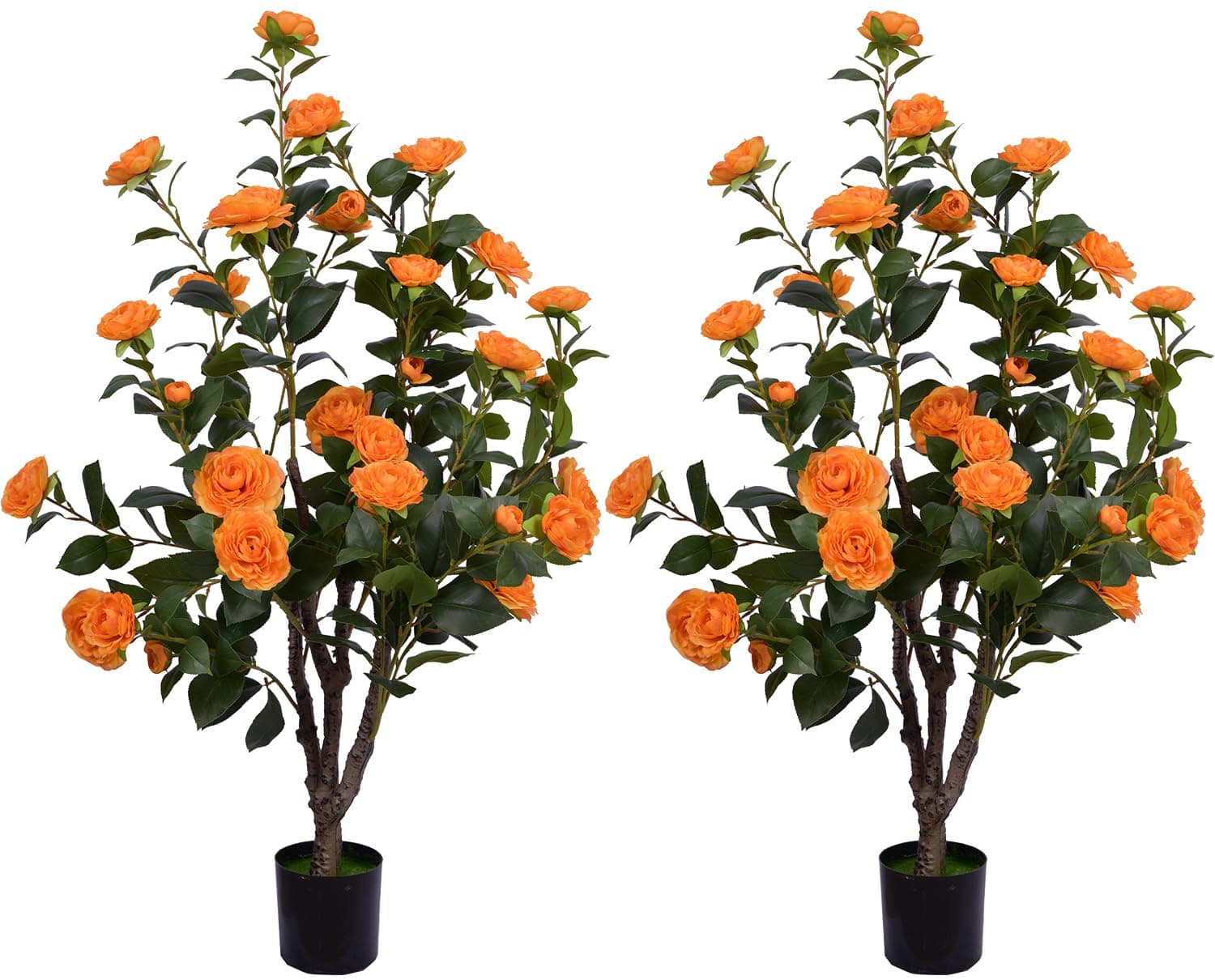 Artificial Camellia Tree 3.3ft, 2 Pack Faux Camellia Tree Fake Orange Flower Tree for Wedding Home Office Indoor Outdoor Decor Orange