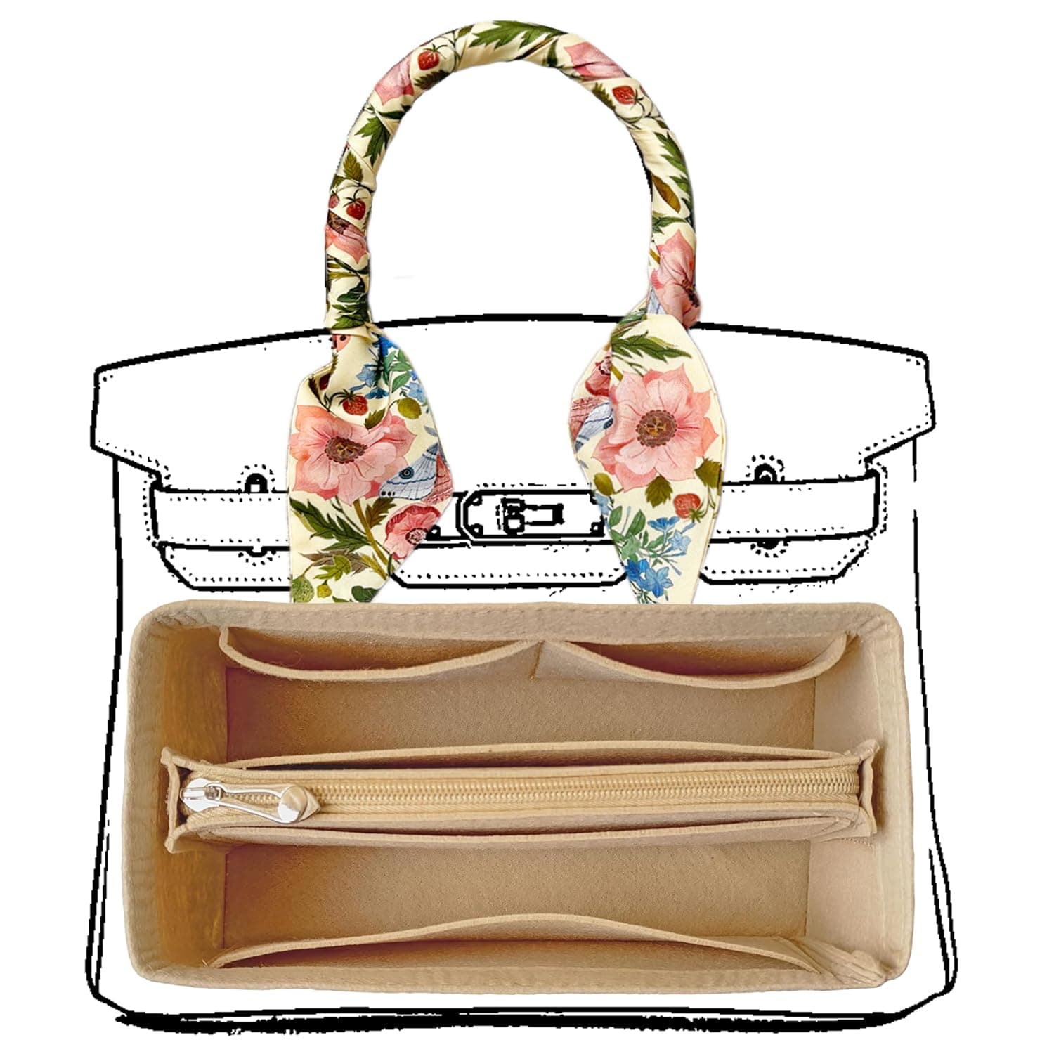 KOPPAL Purse Organizer Insert For Birkin 30 Bag, Felt Insert Organizer With Zipper, Large Capacity Handbags Insert Organizer & Purse Divider (30,Beige)