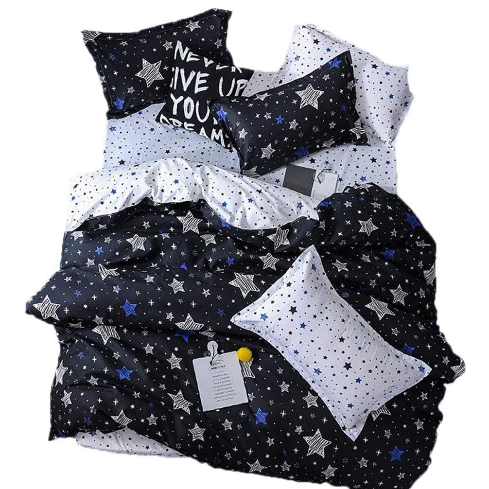 3Pcs White and Blue Pentacle Printed Bedding Set for Kids Boys and Girls,Duvet Cover with Twinkling Stars in The Sky -Full/Queen,Black,No Comforter and Sheet