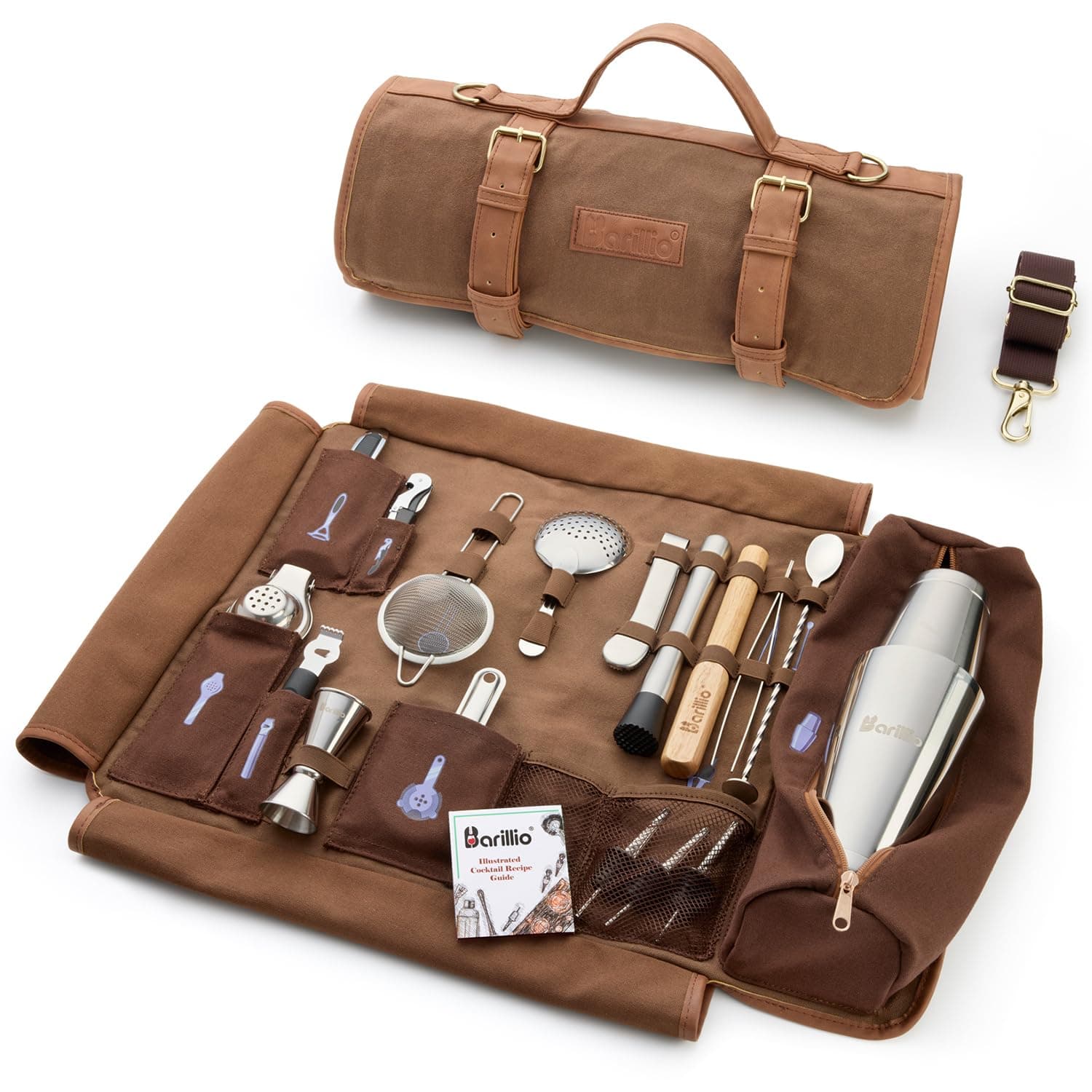 Barillio Bardender Bag Travel Bartender Kit Bag with Bar Tools | Professional 17-piece Bar Tool Set with Portable Waxed Canavs Bag including Shoulder Strap for Easy Carry | Travel cocktail Set