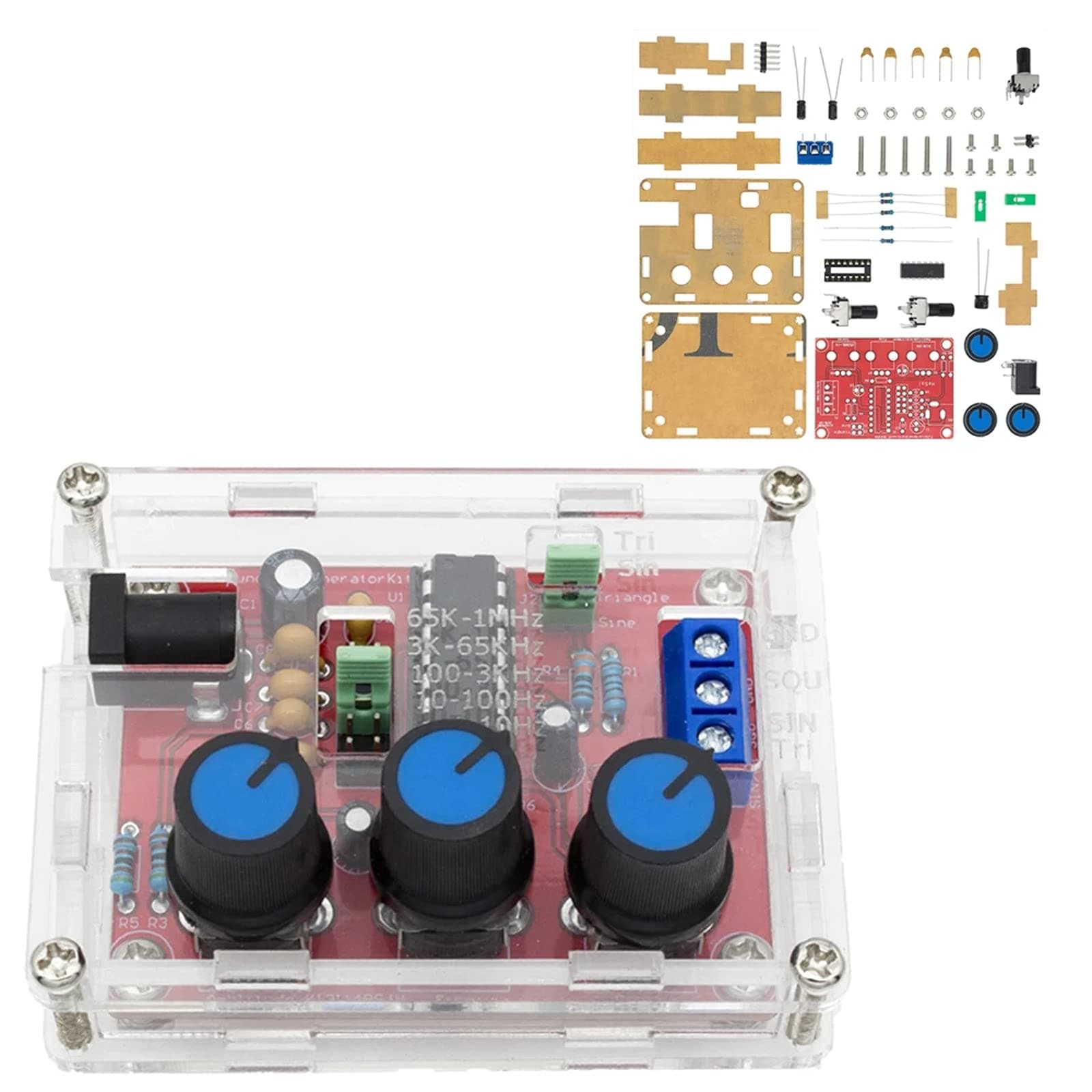 XR2206 High Precision Function Signal Generator DIY Kit Sine/Triangle/Square Output 1Hz-1MHz Adjustable Frequency Amplitude + Transparent Case Box Shell