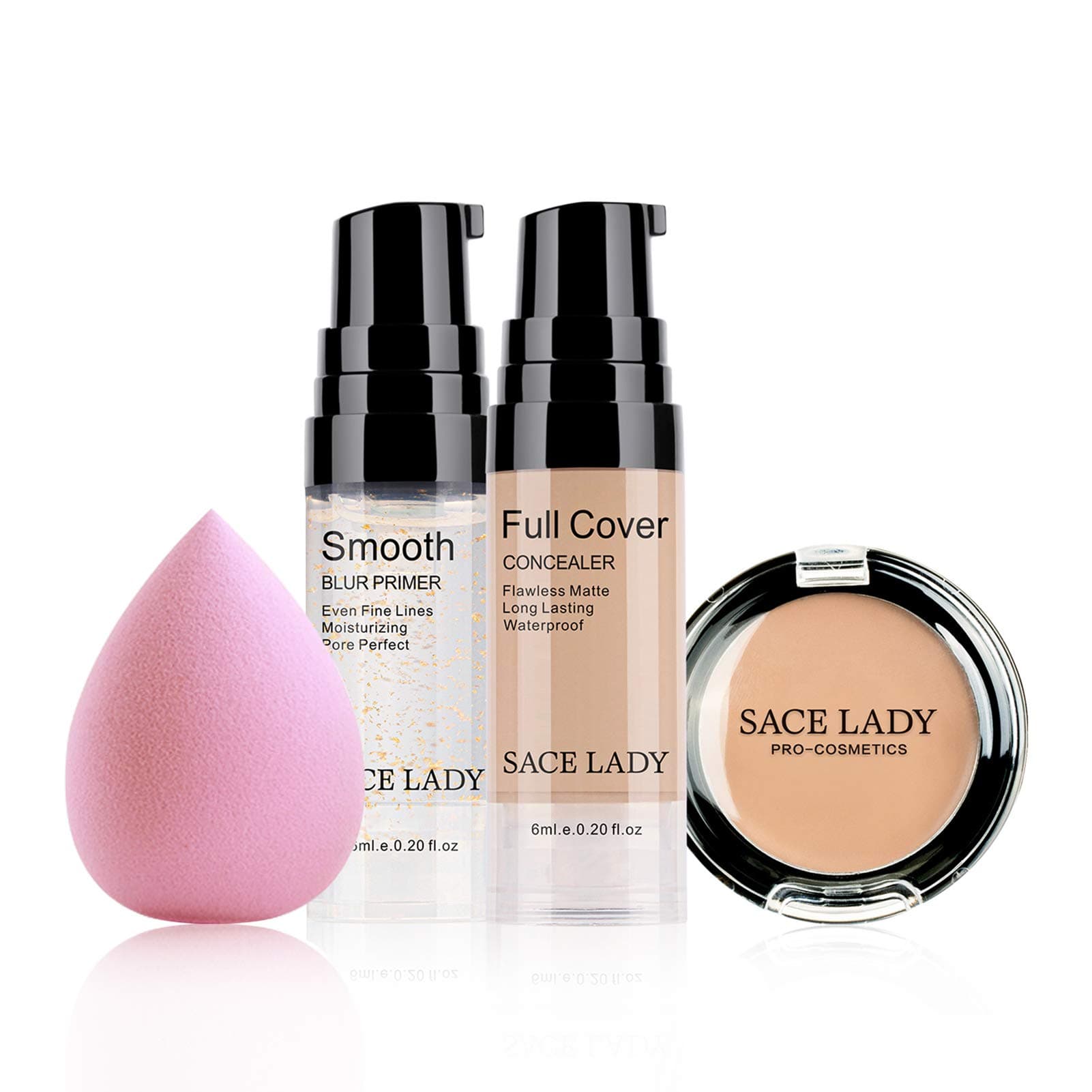 SACE LADY Waterproof Full Coverage Concealer With Primer Sponge Set, Smooth Matte Flawless Creamy Liquid Foundation Corrector Makeup Kit for Eye Dark Circles Spot Acne Scar Cover (Natural)