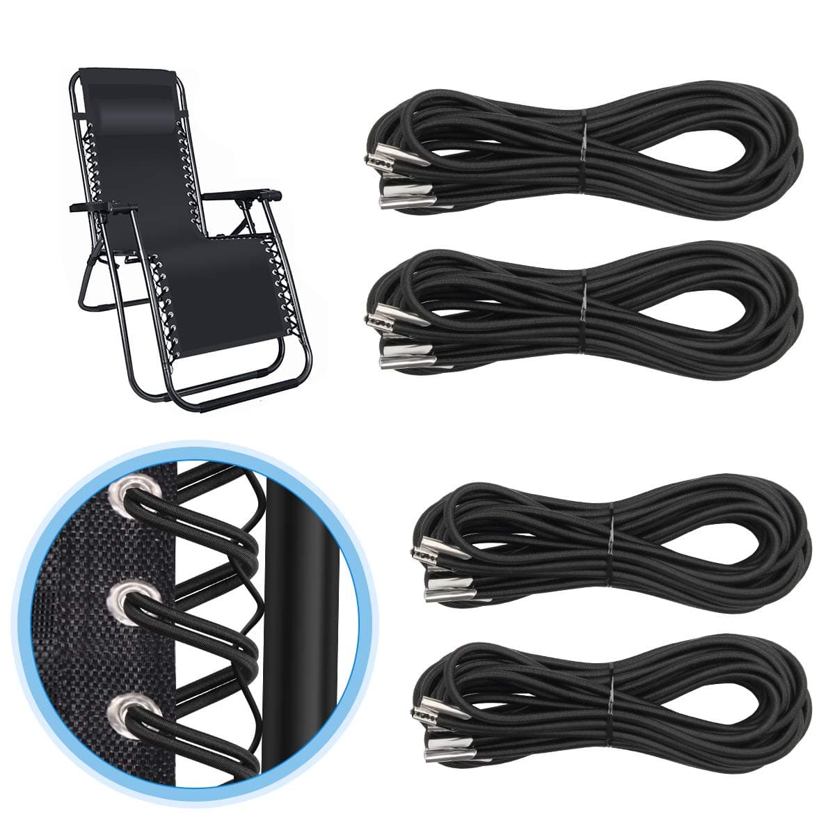 Universal Replacement Cord for Zero Gravity Chair, 4 Pack Elastic Cords Repair Tool Kit for Repairing Zero Gravity Chair, Recliners (Black)