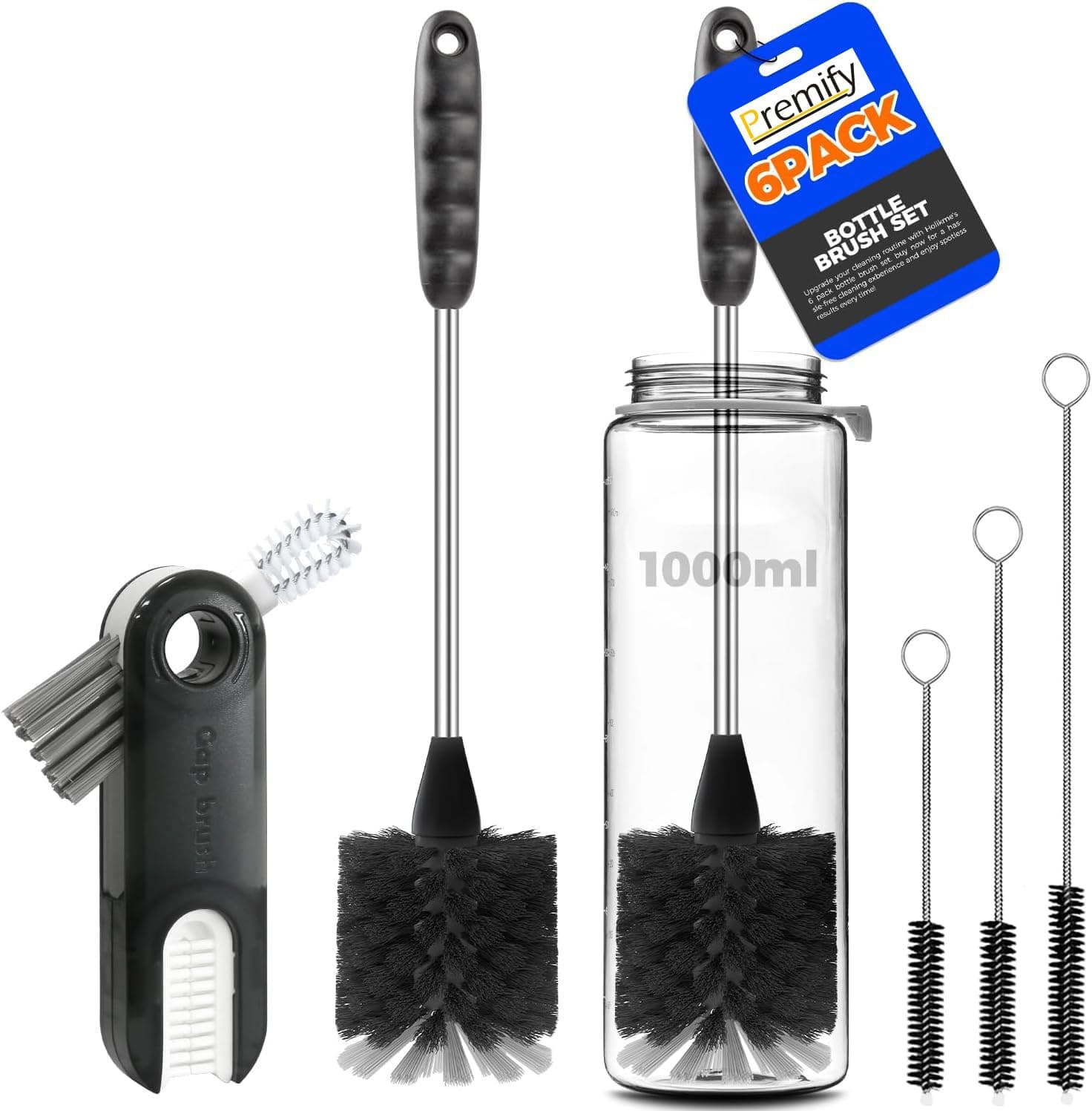 Premify 5 Pcs Bottle Brush Set, 14" Long Handle Stainless Steel Bottle Cleaner, Portable 3-in-1 Cleaning Brush for Water Bottles, 3 Straw Brushes For Baby cups, Tumblers, Black