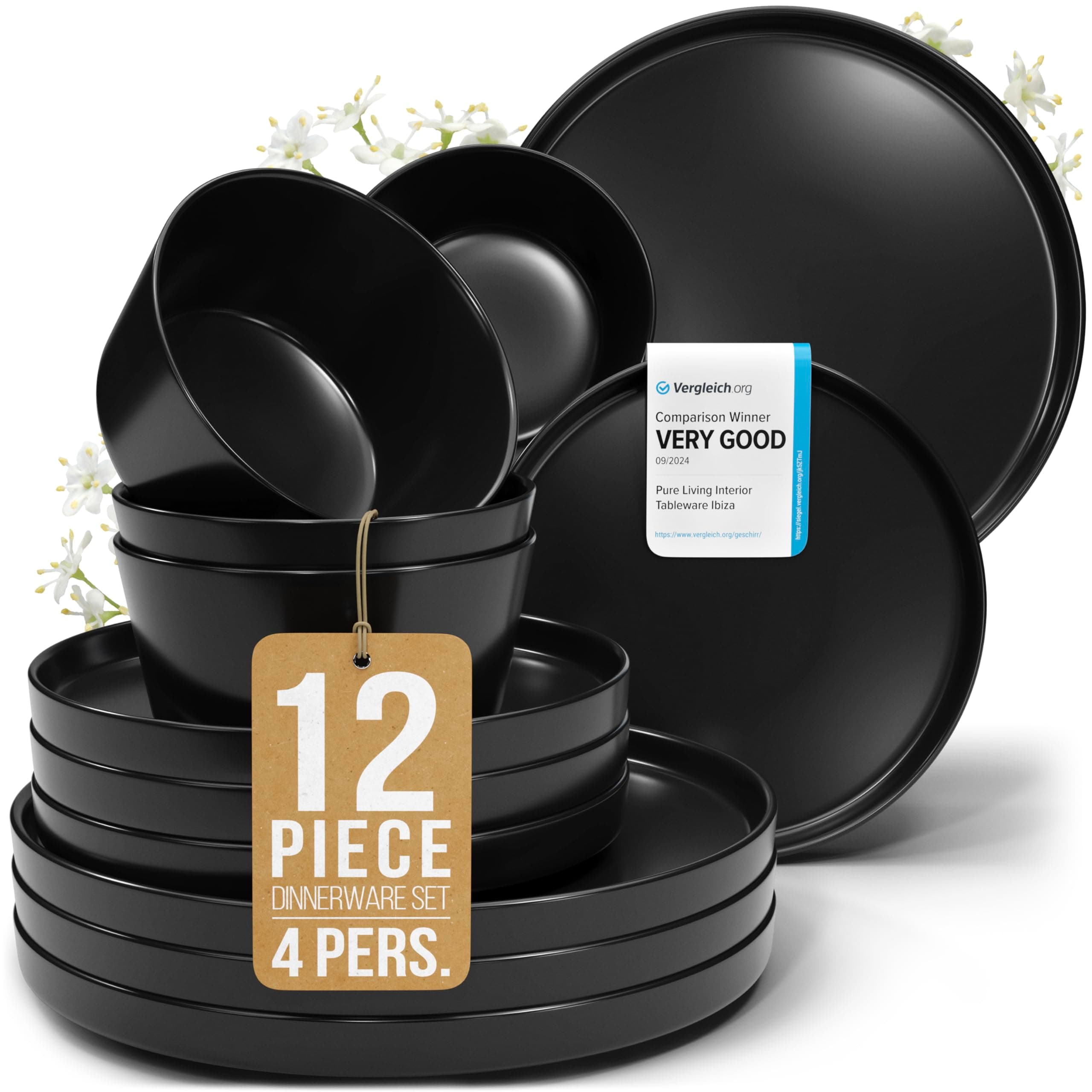 Stoneware dinnerware set 4 persons 12 pcs – Matte black plates and bowls set – Dishwasher, microwave and scratch resistant – Bowl and plate set – Dinner service Pure Living