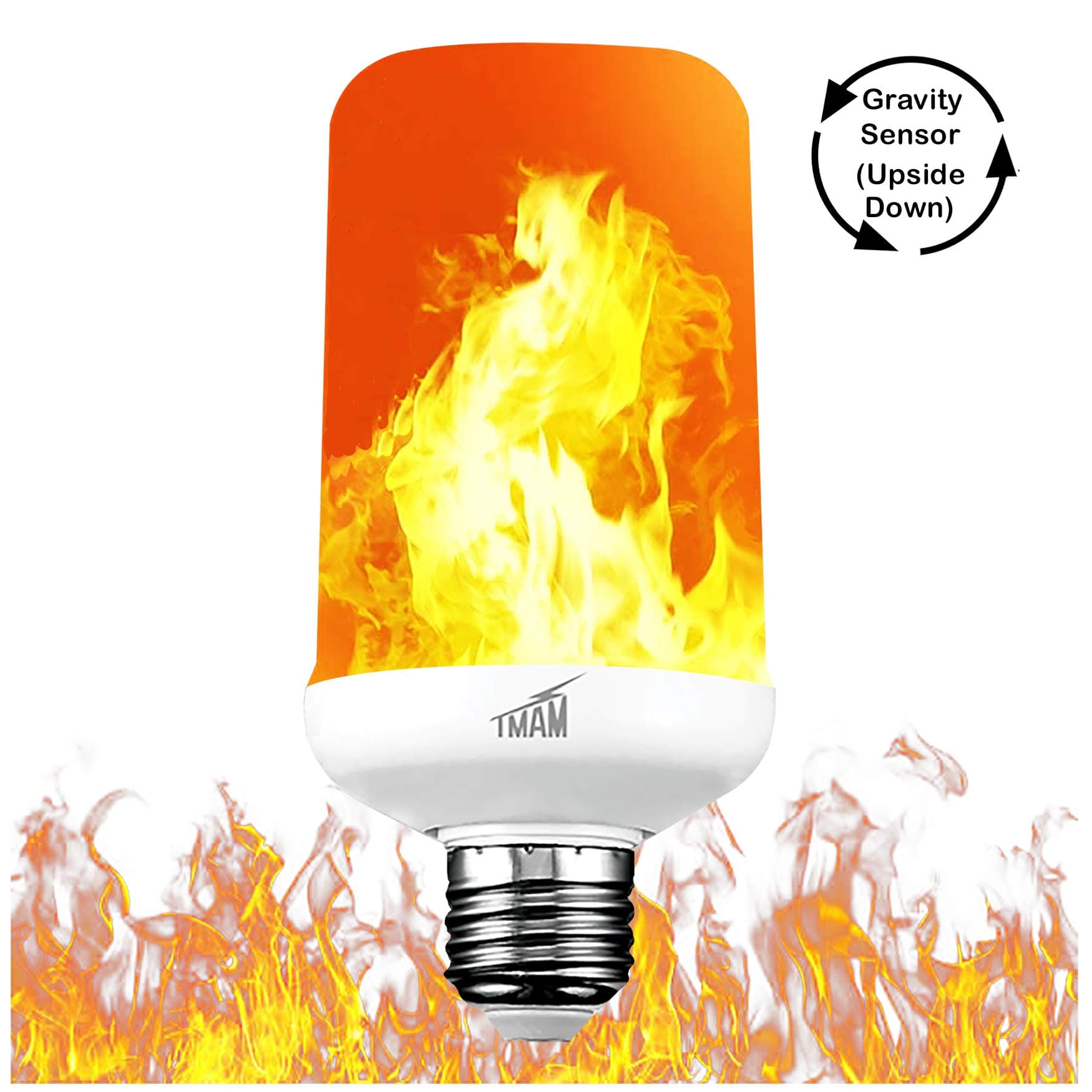 TMAM LED Flame Effect Light Bulb - LED Flickering Flame Light Bulbs, Simulated Decorative Light Atmosphere Lighting Vintage Flaming Light Bulb, Gravity Sensor-Upside Down, E26, 3 Modes,(1 Pack)