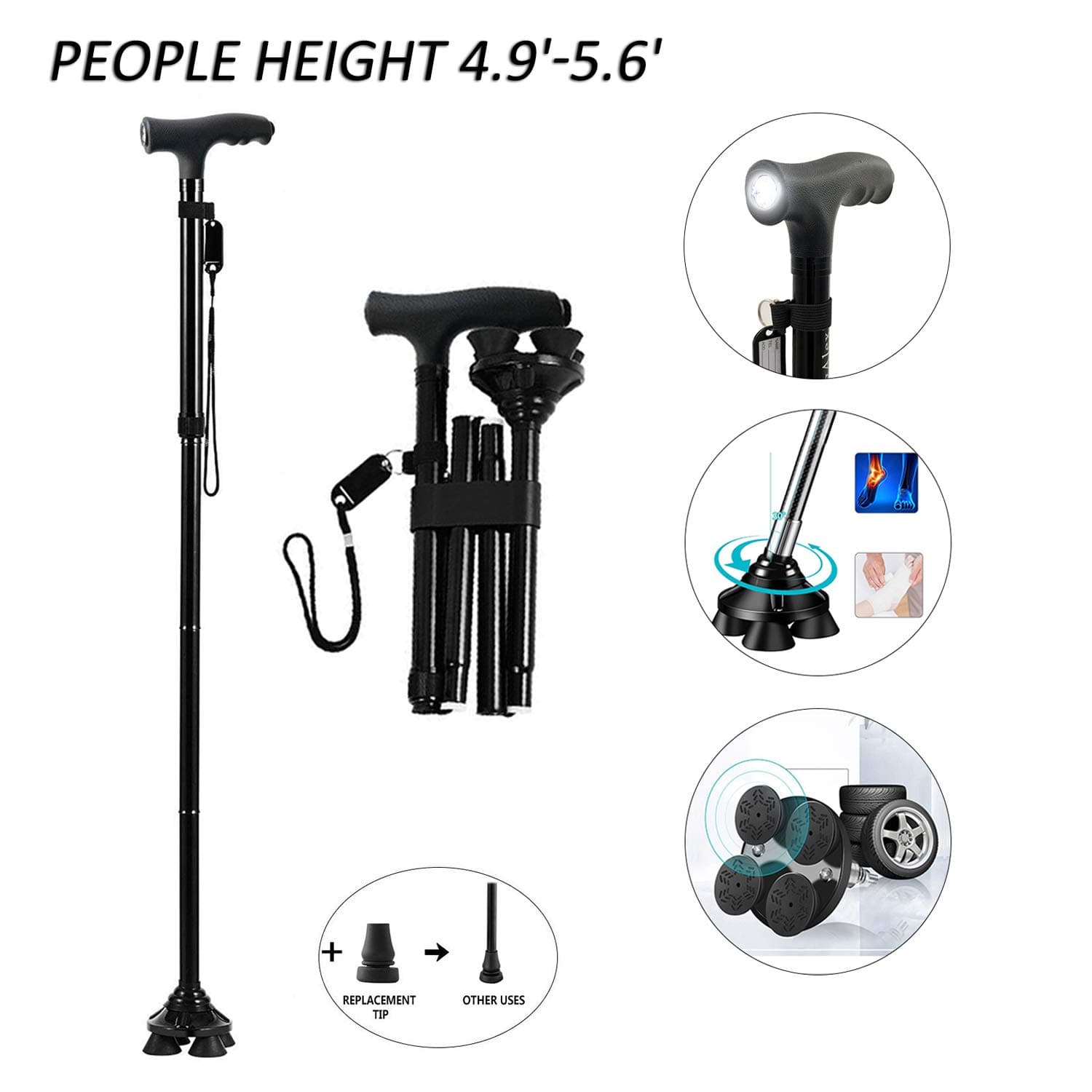 BigAlex Folding Walking Cane with LED Light,Adjustable & Portable Walking Stick, Lightweight,Collapsible with Carrying Bag for Men/Woman