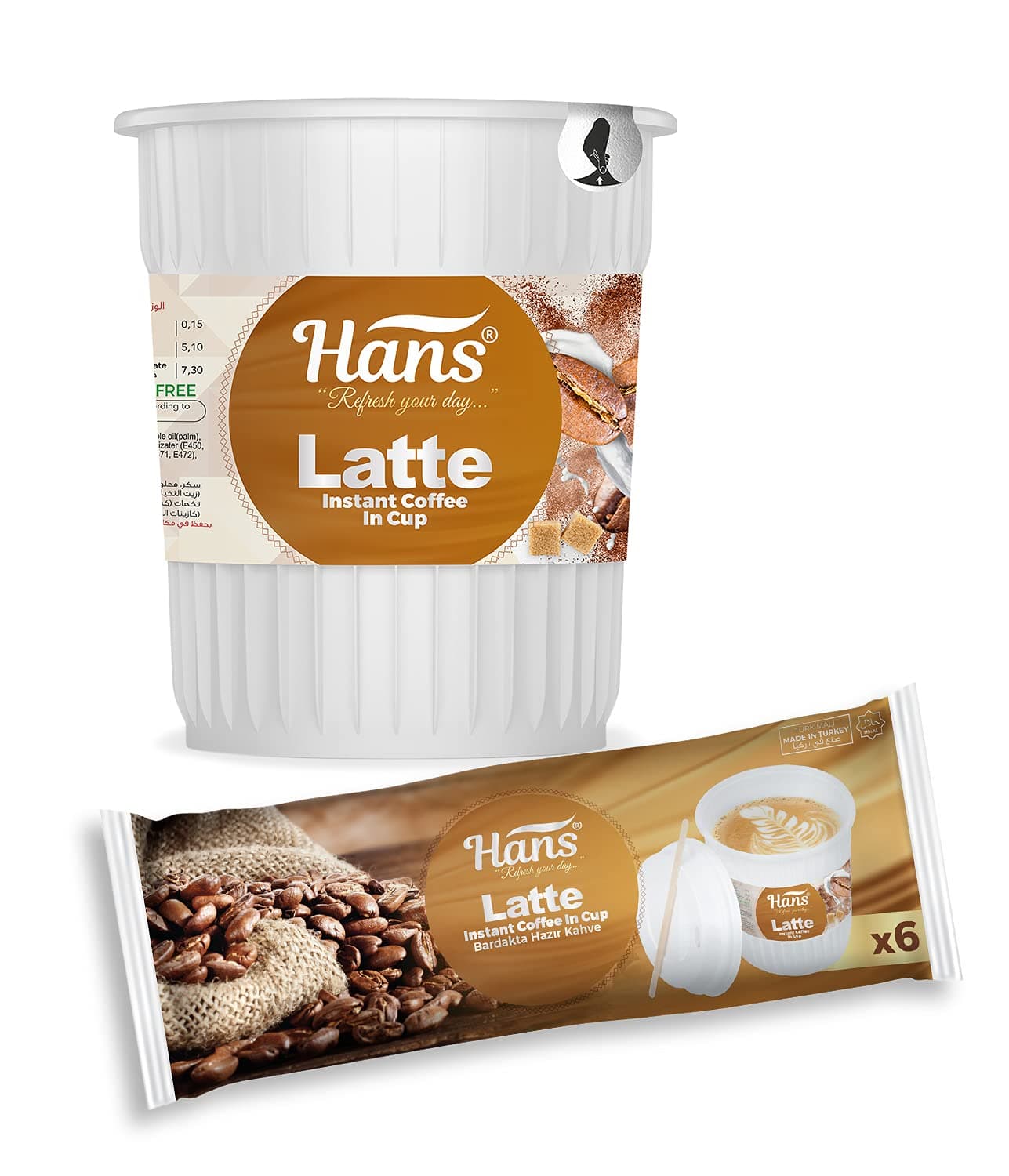 Hans Latte Instant Coffee In Cup, 6 Cups Flow Pack
