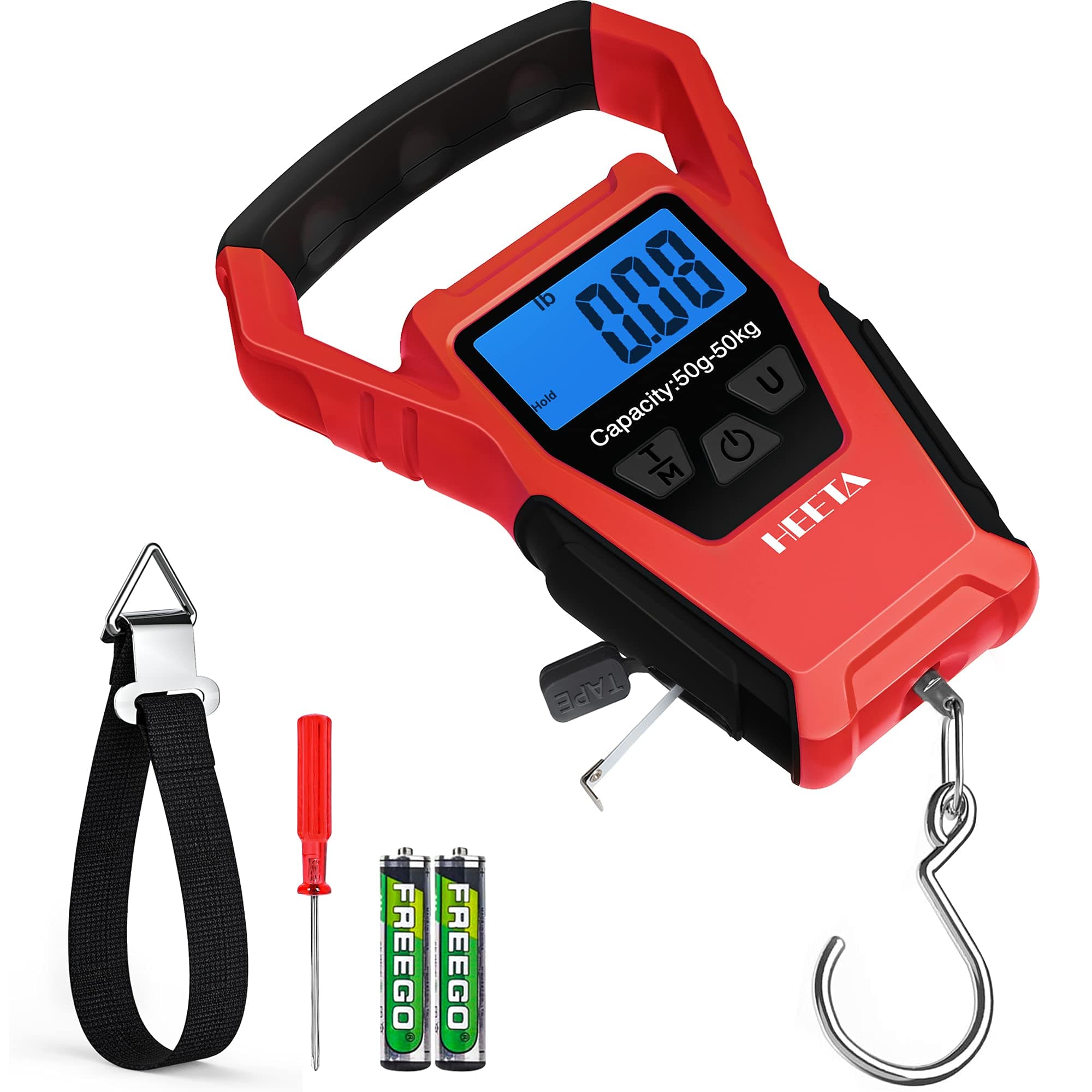 HEETA Waterproof Fish Scale Digital with Backlit LCD Display, 110lb/50kg Portable Hanging Scale Fishing Scale for Home and Outdoor, Measuring Tape and 2 AAA Batteries Included
