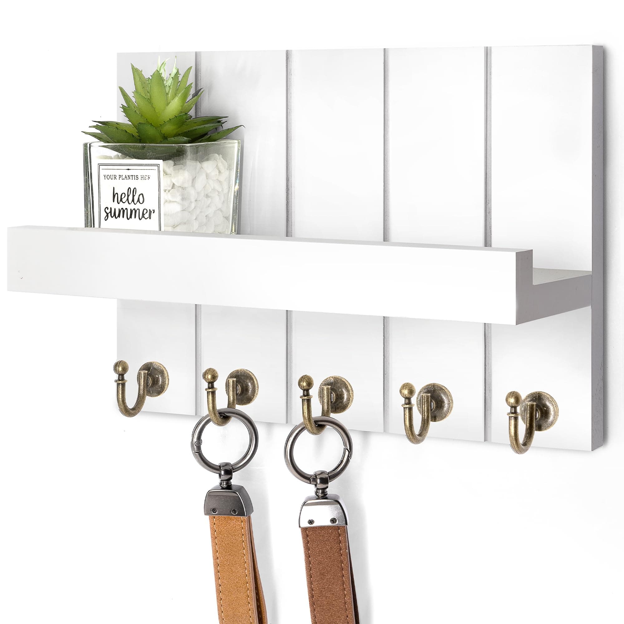 Rebee Vision Key Holder for Wall - Decorative Mail Organizer Wall Mount with 5 Key Hooks for Modern Farmhouse Apartment Essentials - Home Decor for Living Room (Rustic White, 3.54"D x 10"W x 7.28"H)
