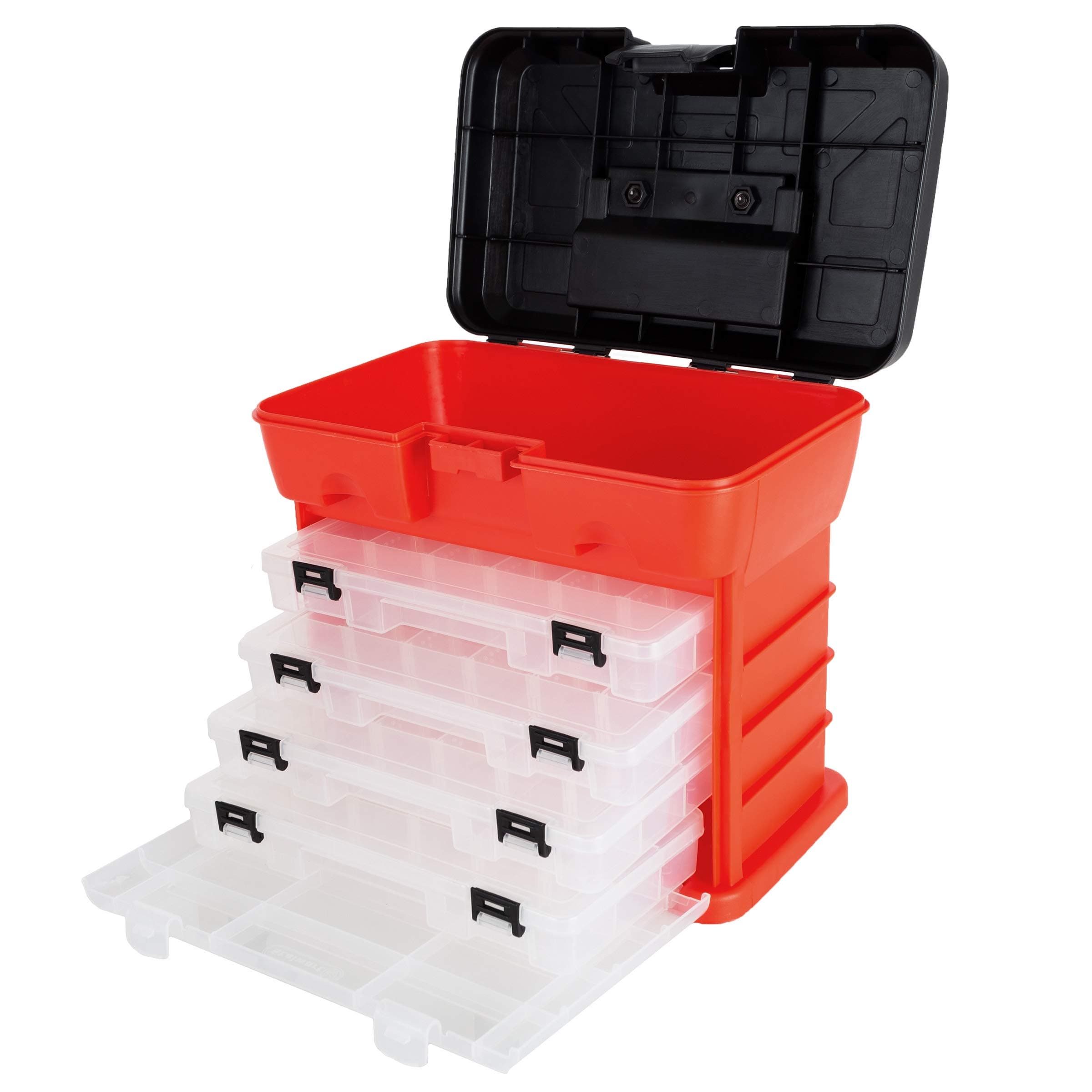 Portable Tool Storage Box - Small Parts Organizer with 4 Multi-Compartment Trays for Fishing Tackle, Hand Tools, or Craft Supplies by Stalwart (Red)