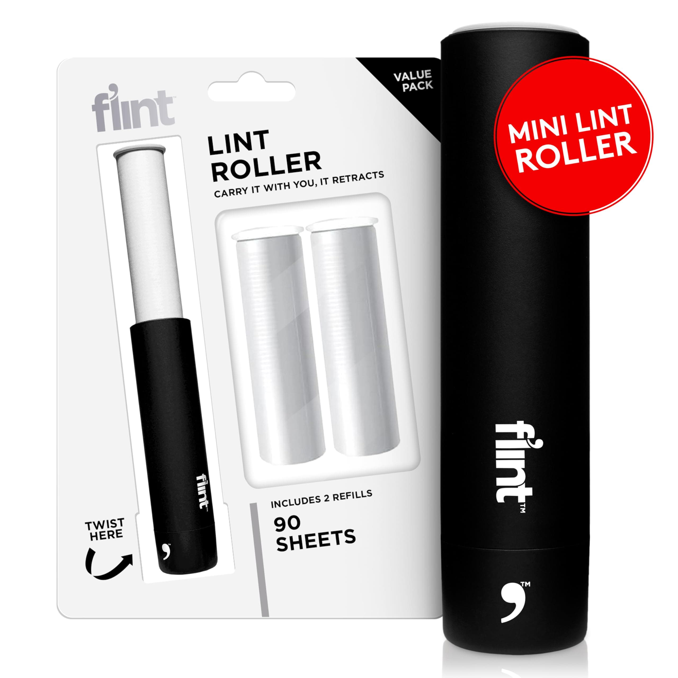 - Flint Classic Black Retractable Mini Lint Roller with 90 Extra Sticky Sheets, Small and Portable Lint Roller, Ideal Pet Hair Remover, Travel Lint Rollers for pet Hair Extra Sticky