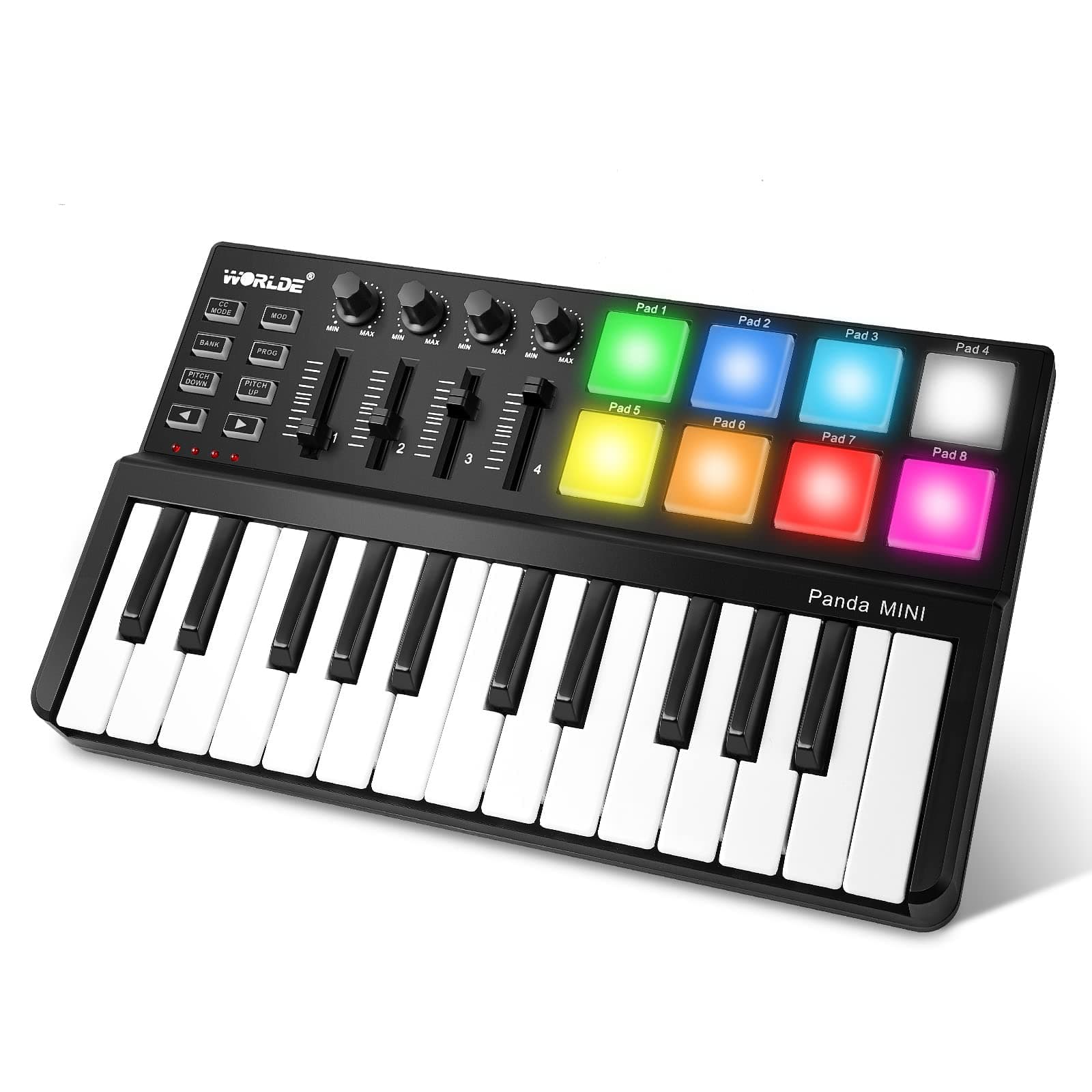 MIDI Keyboard Controller 25 Keys, Worlde Panda MINI USB Midi Keyboard with Drum Pads, Beat Maker Machine Pad, Black