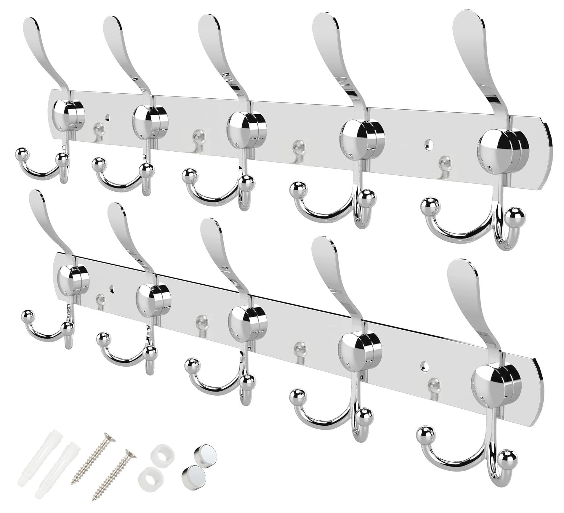 GlazieVault Coat Hooks for Wall - Stainless Steel Coat Racks (2 Pack) - Heavy Duty Coat Hook Wall Mounted - Premium Design Rust Free Coat Hanger for Clothes (Silver Tri)