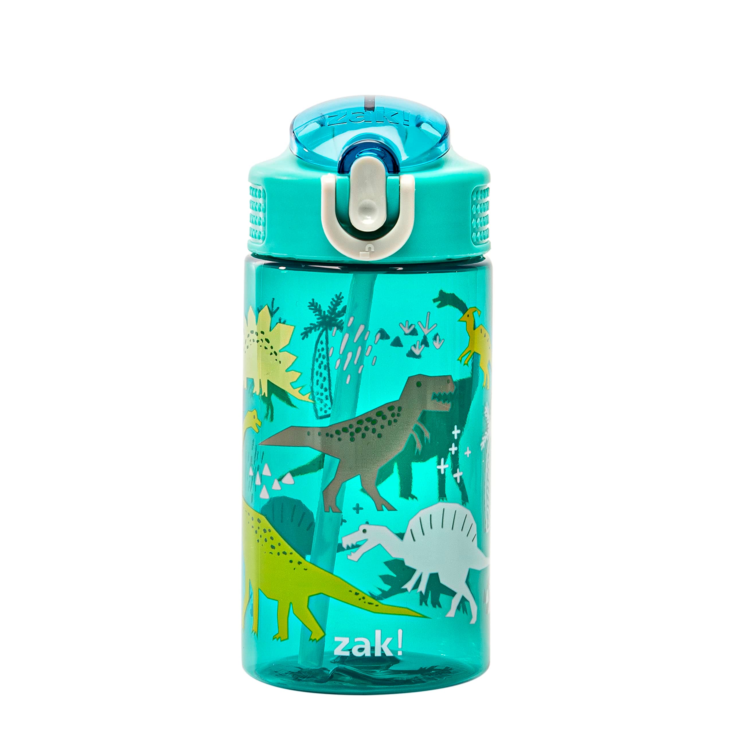 Kids Water Bottle For School or Travel, 16oz Durable Plastic Water Bottle With Straw, Handle, and Leak-Proof, Pop-Up Spout Cover (Dinosaur)