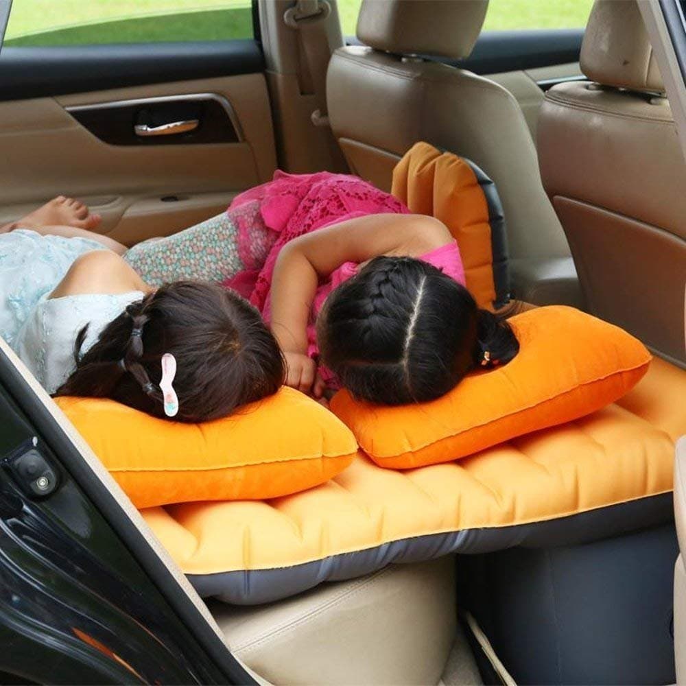 Brezzycloud Polyester Inflatable Travel Car Bed Air Sofa with Two Inflatable Pillow and Air Pump for Car Back Seat, Random Colour