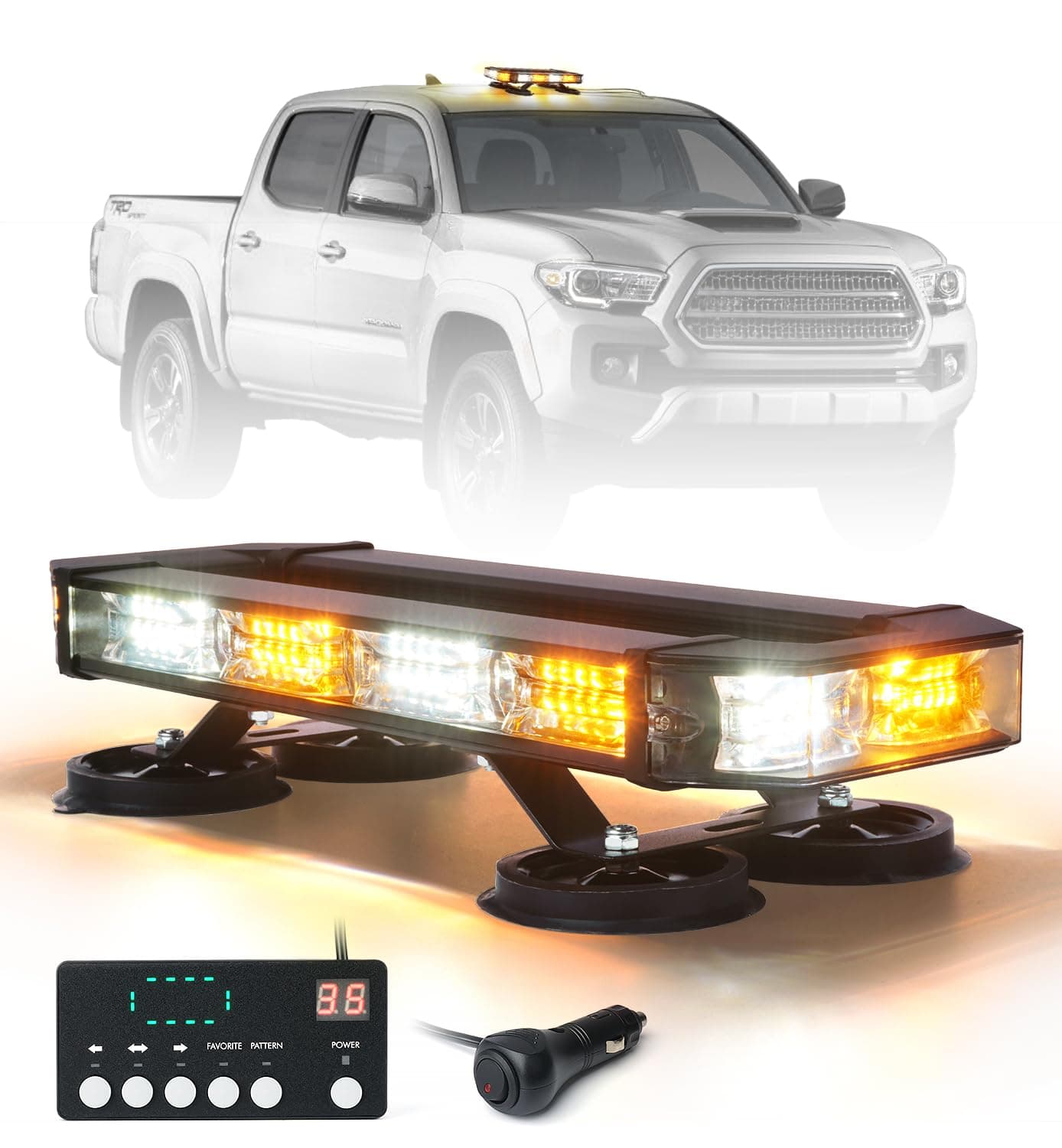 LUMENIX 72 LED Rooftop Emergency Strobe Light Bar w/Control Panel Magnetic Base Warning Flashing Beacon Caution Traffic Lightbar for Construction Vehicles Trucks Postal Mail Snowplow - White Amber