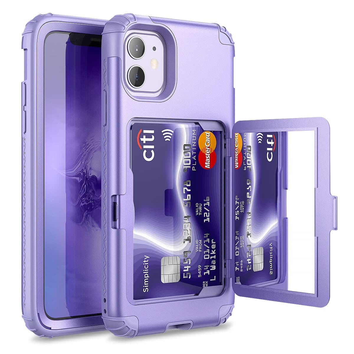 WeLoveCase for iPhone 11 Wallet Case for Women Defender Credit Card Holder Cover with Hidden Mirror Three Layer Shockproof Heavy Duty Protection All-Round Protective Case for iPhone 11 Light Purple