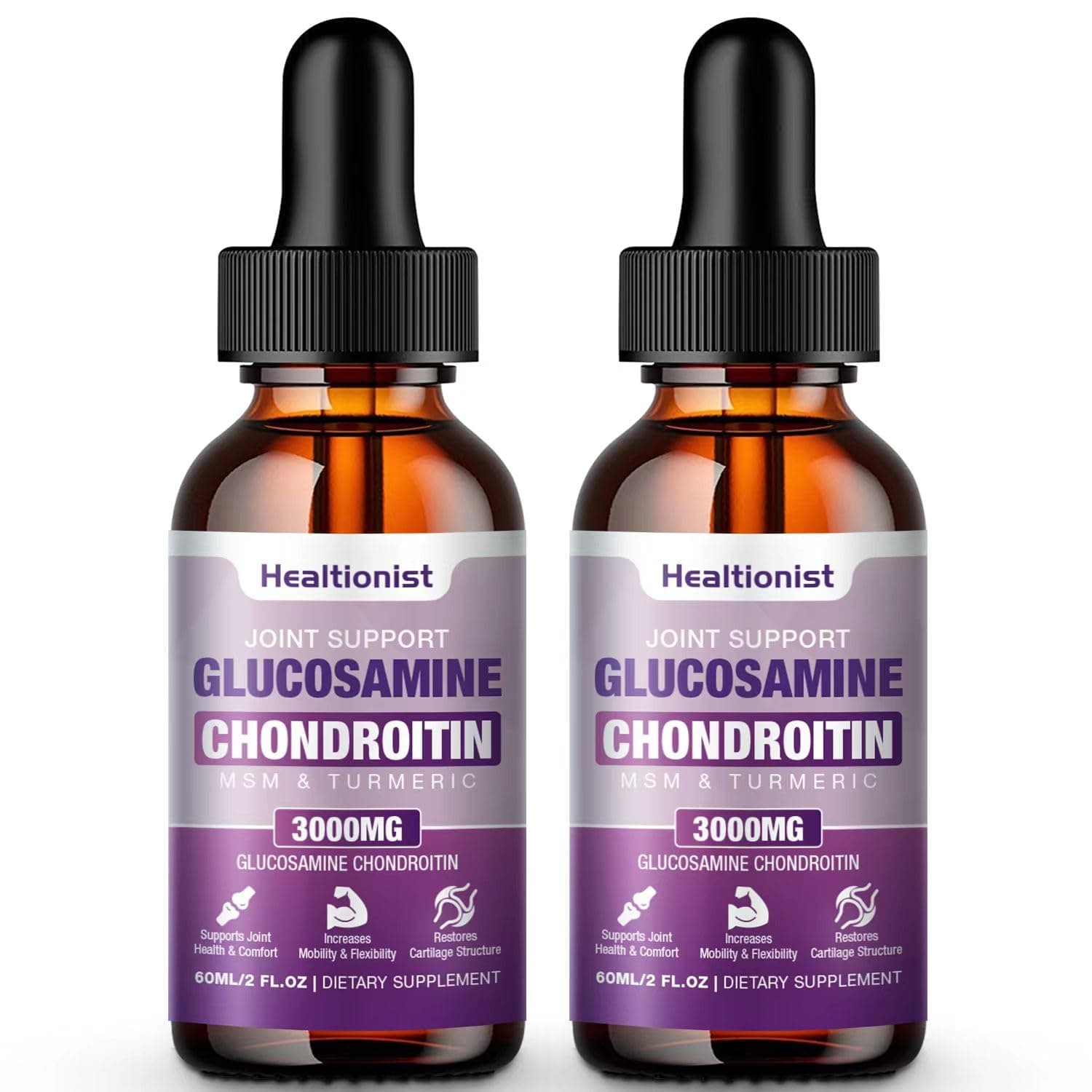 2 Pack Glucosamine Chondroitin MSM Liquid Drops, Extra Strength Joint Support Supplement for Adults Men & Women, Quercetin Boswelia, Bromelain, Antioxidant Immune Support (4 Fl oz)