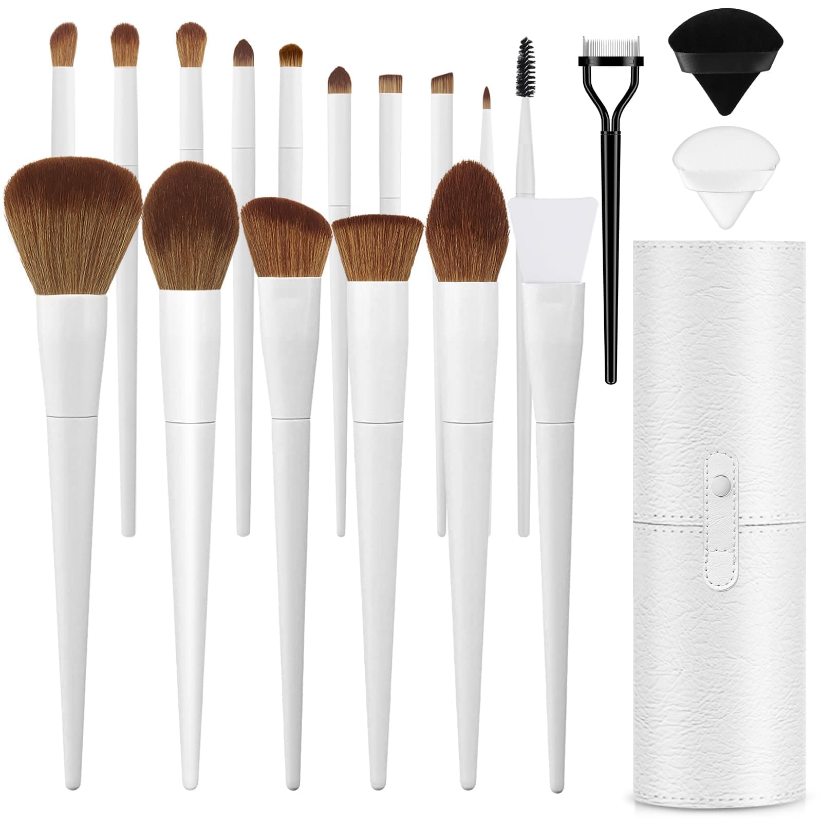 LUXBRU Makeup Brushes With Case 20PCs Professional Makeup Brush Set, Foundation Powder Eyeshadow Brush Set Eyebrow Concealer Contour Travel Brushes Kit with Holder & 2 Powder Puff-White