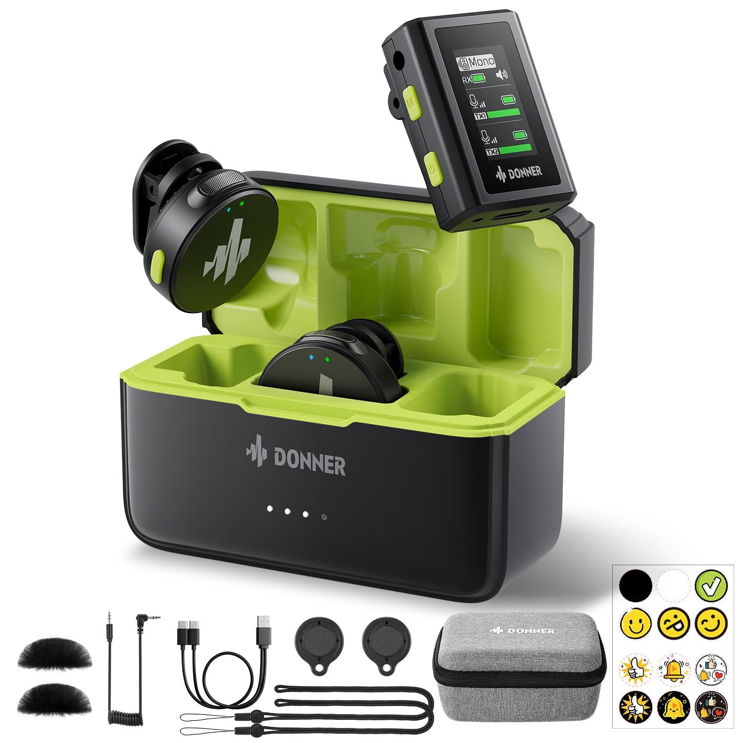 Donner Wireless Lavalier Microphone VPM-20 Camera Vesion, with Charging Box, Dual-Channels Mics, 3.5mm TRS Jack, Plug-Play, 1000ft Range, 48KHz 24Bit, Noise Cancellation, 40h Use Max