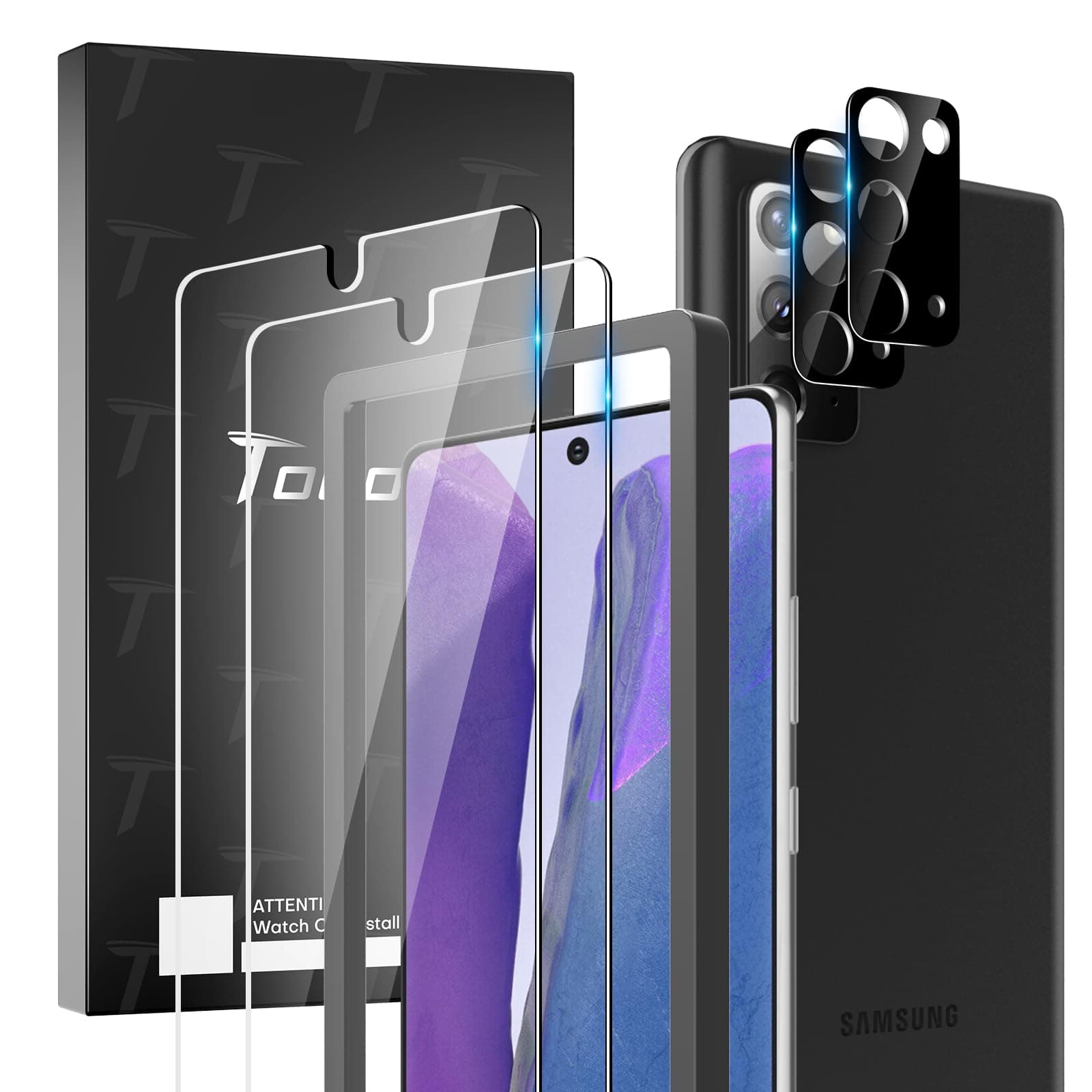 TOCOL 4 Pack fit for Samsung Galaxy Note 20 5G (Not for Ultra)- 2 Pack Tempered Glass Screen Protector and 2 Pack Tempered Glass Camera Lens Protector Bubble Free Case Friendly 9H Hardness
