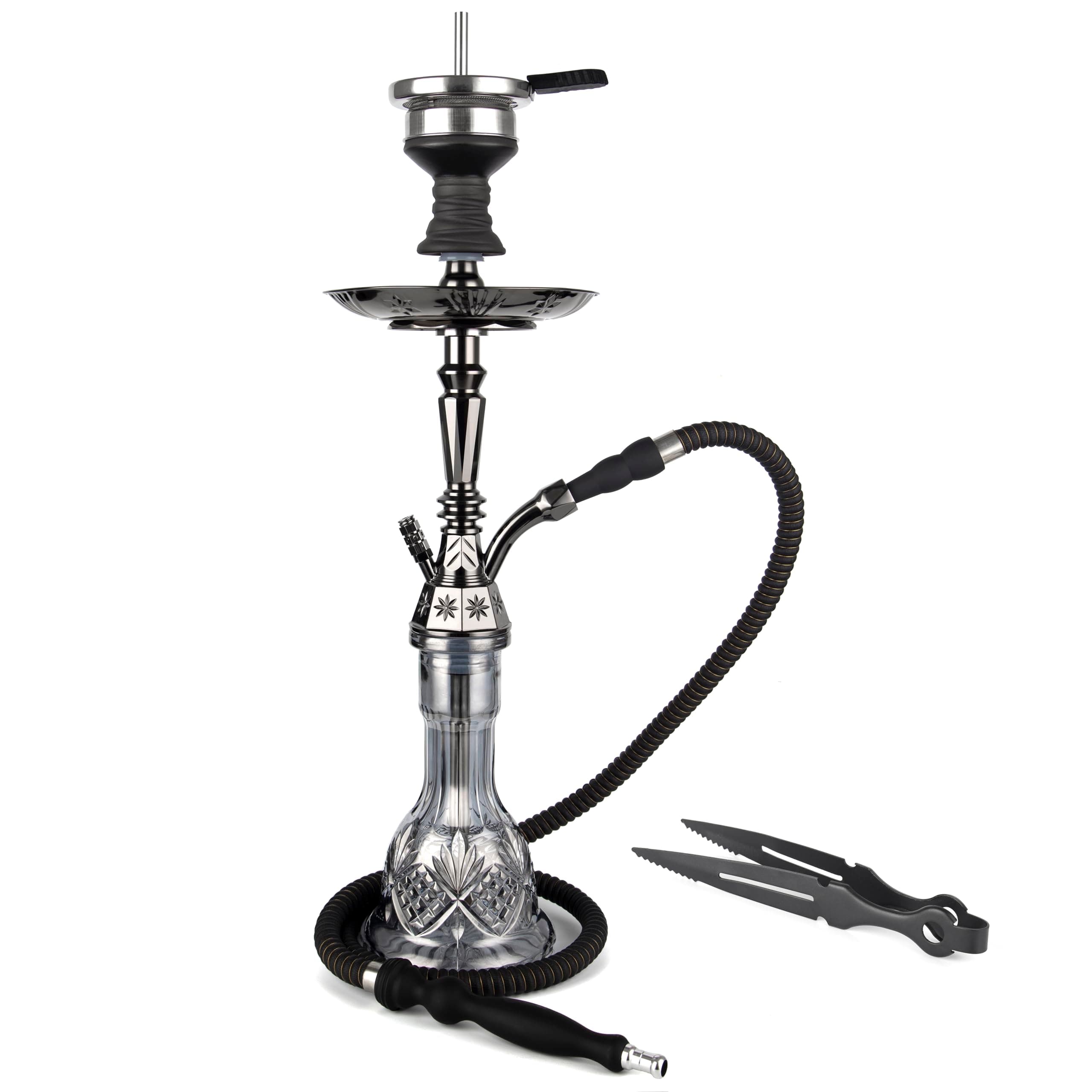 Hookah Set 25" Egyptian Style Hookah Complete Set with Everything, Shisha Accessories Includes Glass Vase, Clay Bowl, Leather Hookah Hose, Electroplated Black