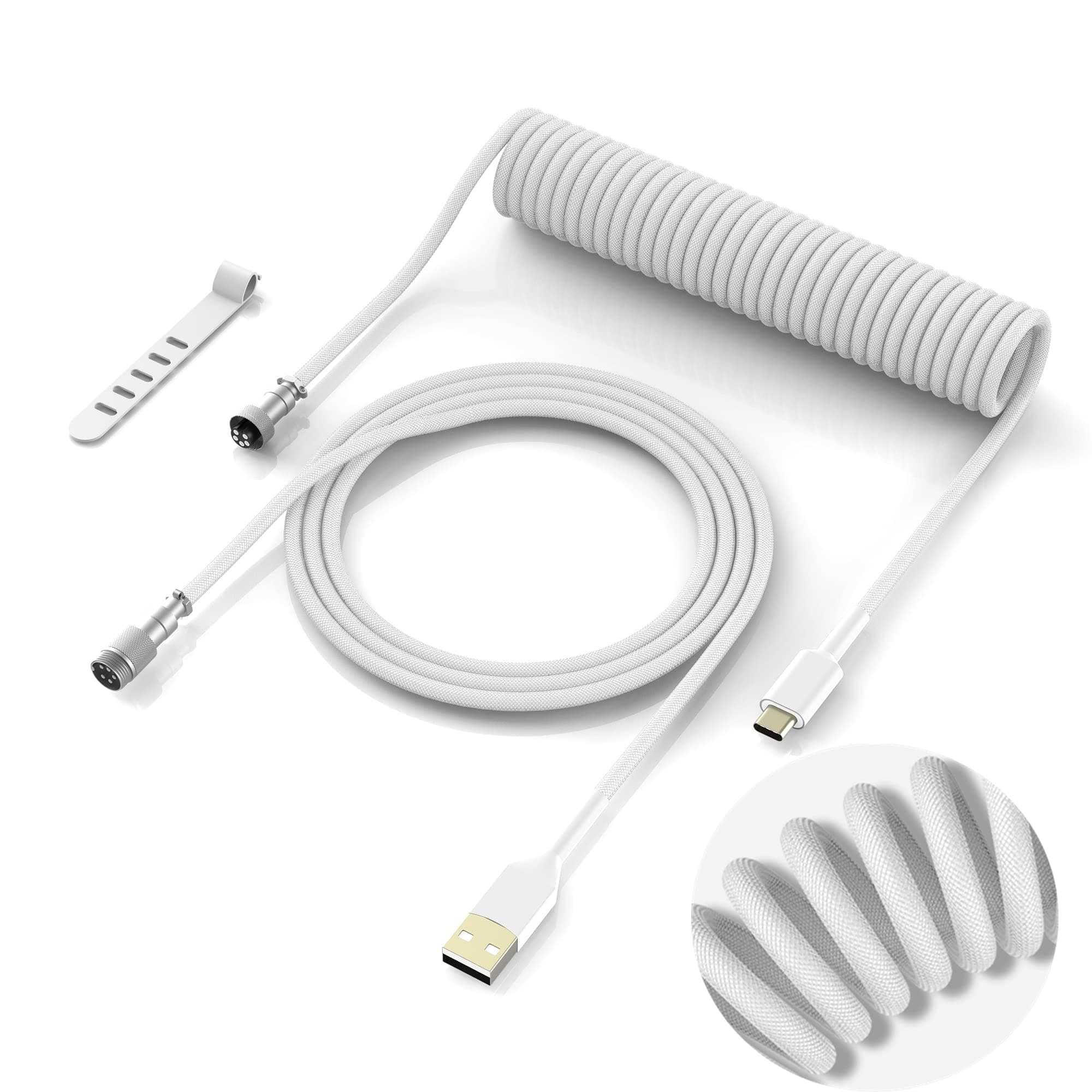 Coiled Keyboard Cable - Detachable Aviator Coiled Cable for Mechanical Gaming Keyboard, Type C to USB A Mix 5.9in for Gaming Key Board and Cellphone, White