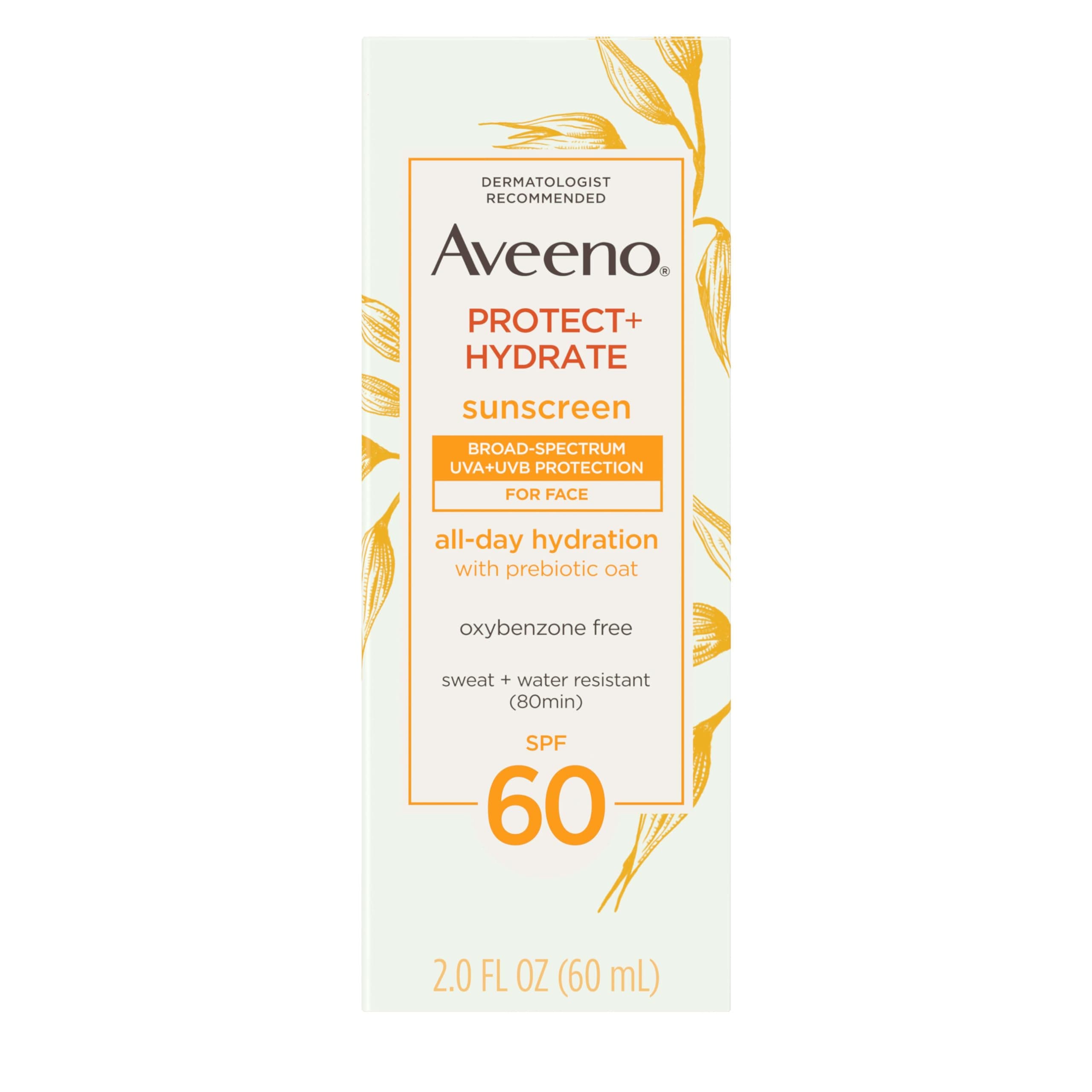 - Protect + Hydrate Face Sunscreen, SPF 60 Broad Spectrum, for Sensitive Skin, Travel Size, Water Resistant (80 minutes), Paraben, Oxybenzone & Oil Free, 2 fl oz