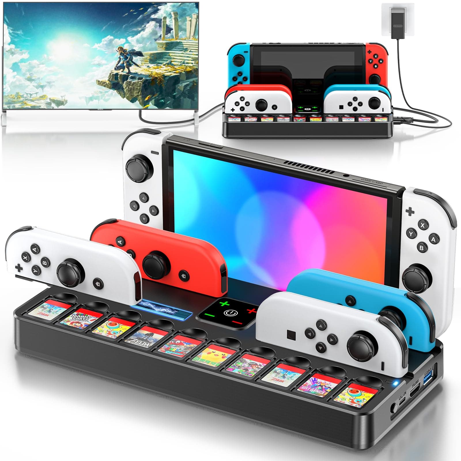 Switch Docking Station for TV and Joycon Charger Compatible with Nintendo Switch, SW Game Accessories Support 4k HD Video 1080P, Switch Charging Dock Station with 10 Game Slots, Sega Genesis Consoles