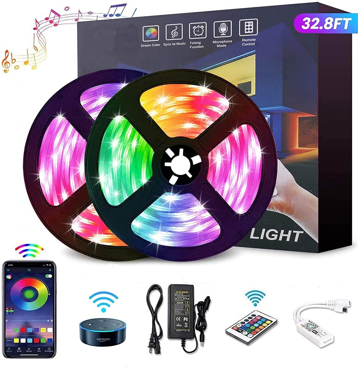 YOMYM LED Strip, LED Lights with Kit, Light strip controlled by smart phone, wireless, WiFi 5050, Works with Android and iOS System, Alexa, Google Assistant, 32.8ft/ (2x5M) 10M (24 keys)
