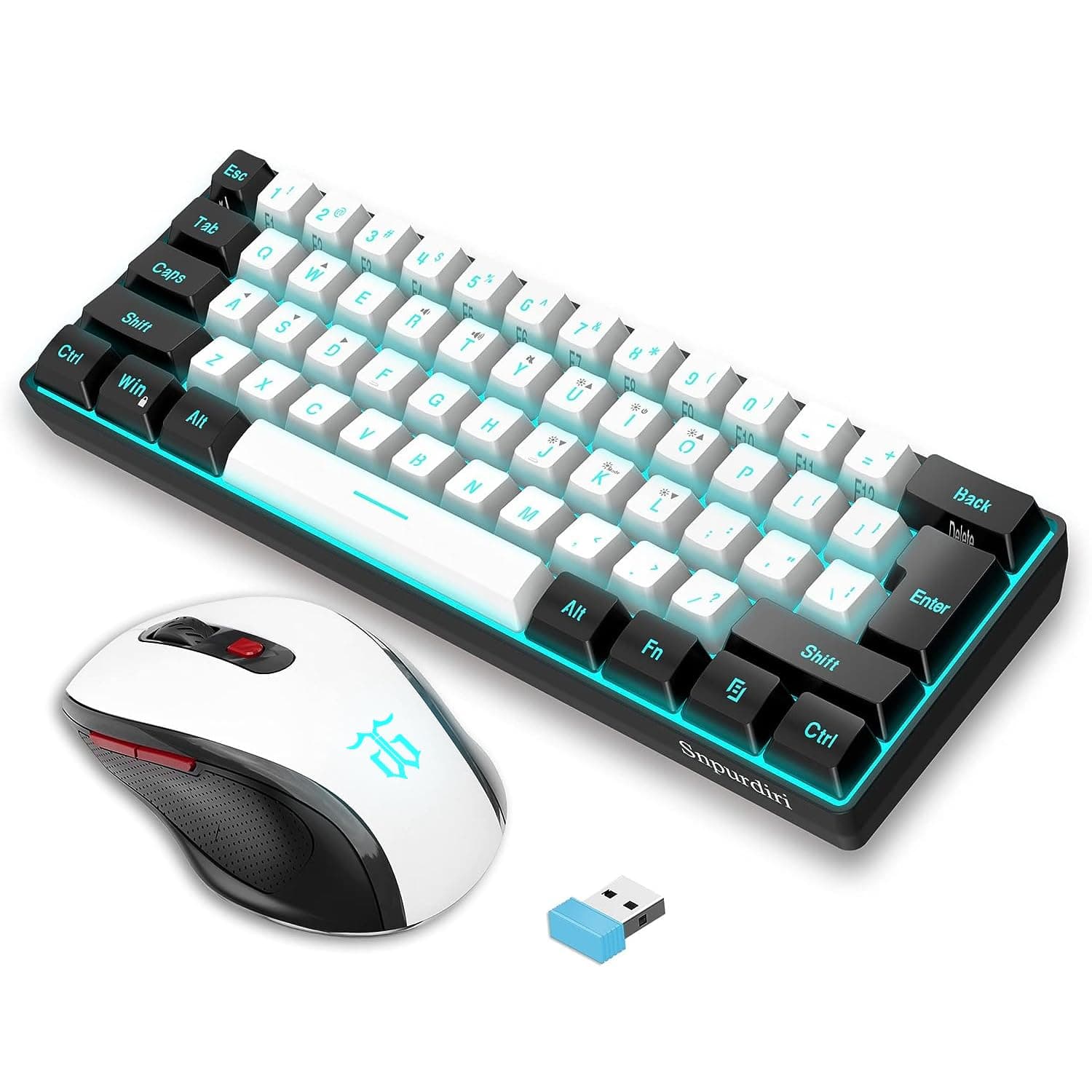 2.4G Wireless Gaming Keyboard and Mouse, Includes Mini Keyboard with 60% RGB Backlit Ergonomic Vertical Feel Small Wireless Mouse (White and Black)