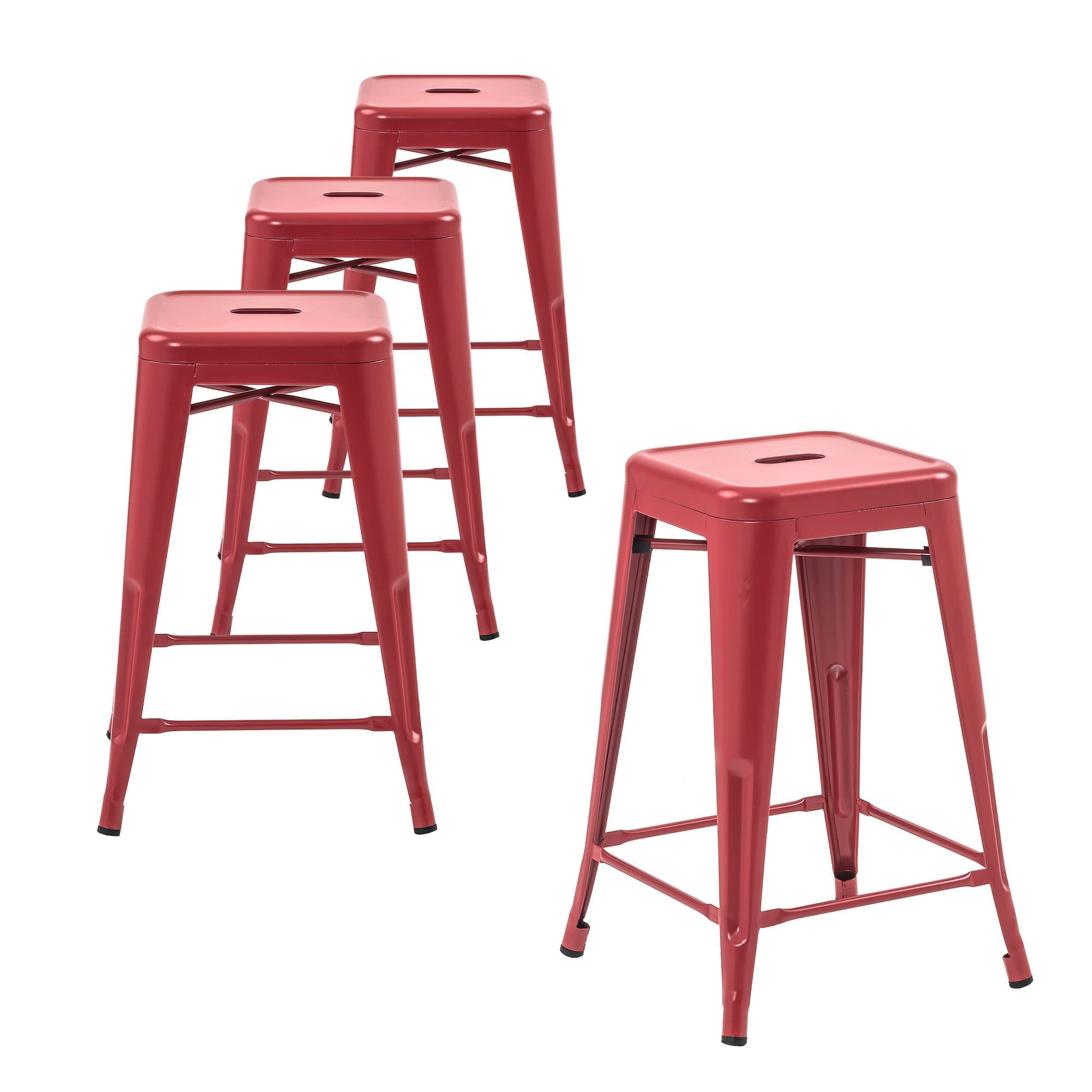 Counter High Metal Bar Stools, Indoor/Outdoor, Stackable, 24" H, Matte Red, Set of 4