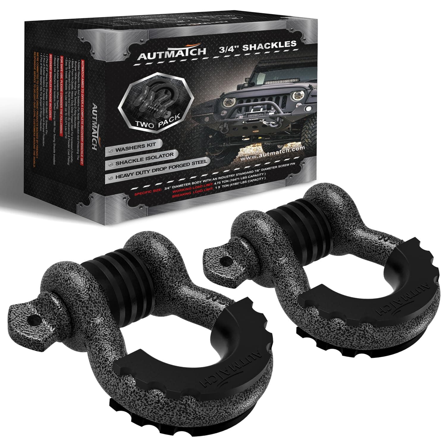 AUTMATCH D Ring Shackle 3/4" Shackles (2 Pack) 41,887Ibs Break Strength - Clevis Shackles with 7/8" Screw Pin and Shackle Isolator Washers Kit for Tow Strap Winch Off Road Vehicle Recovery, Grainstone