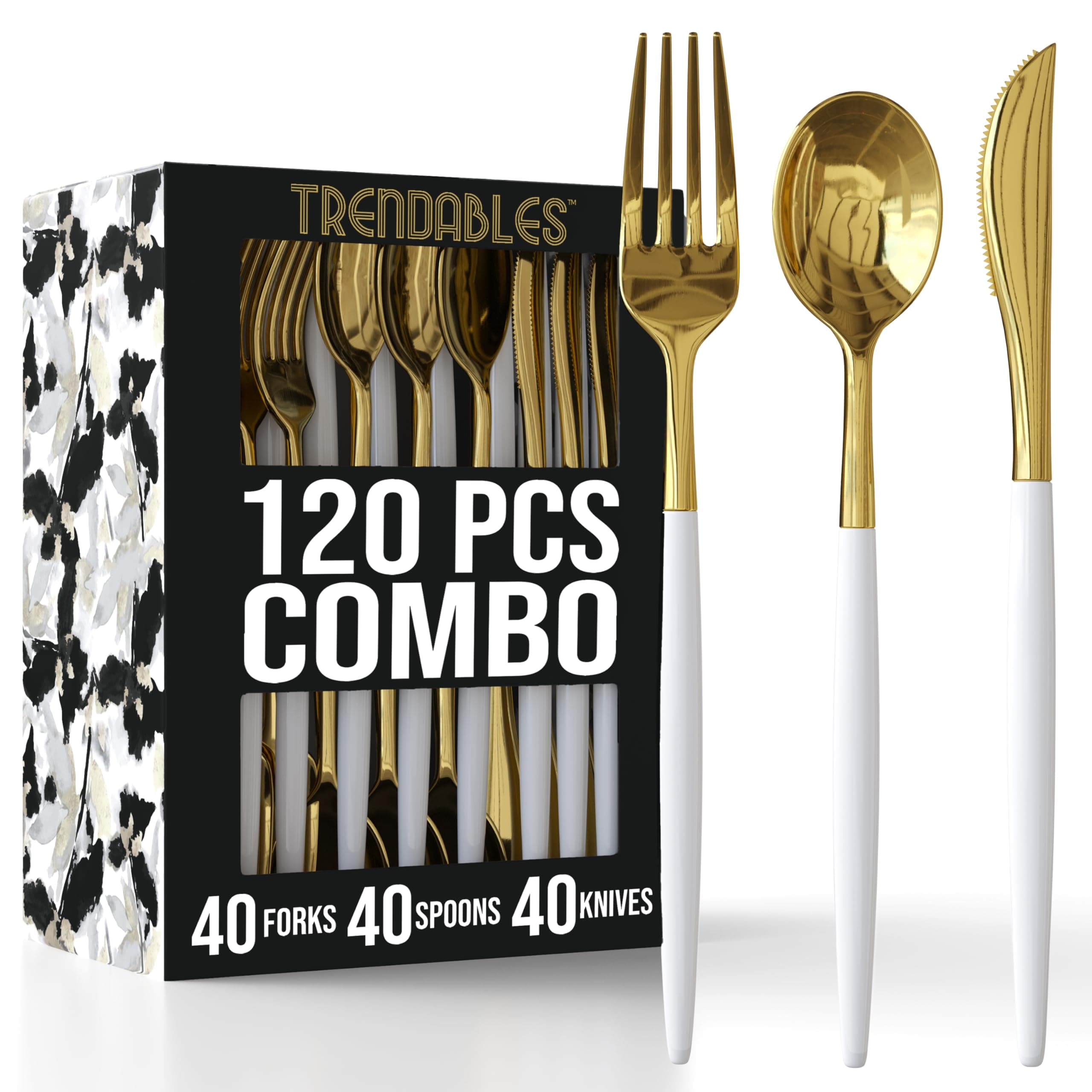Trendables 120 Pack Disposable Silverware Set - 40 Sets of Plastic Cutlery - White & Gold Modern Disposable Forks, Knives, Soup Spoons - Perfect for Parties