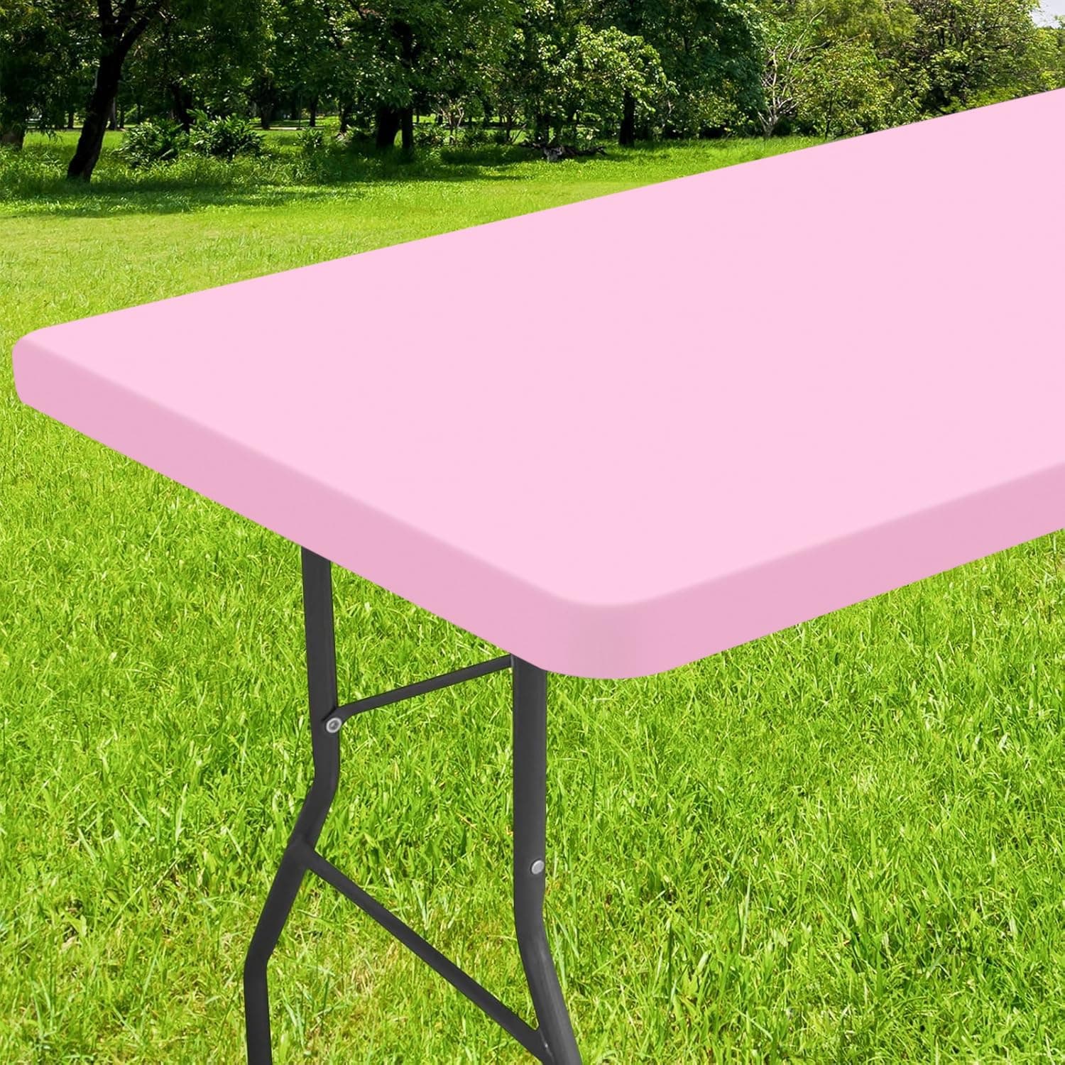 Smiry Rectangle Tablecloth, Elastic Fitted Flannel Backed Vinyl Tablecloths for 6ft Folding Tables, Waterproof Wipeable Table Covers for Indoor, Outdoor, Picnic and Camping (Pink, 30"x72")