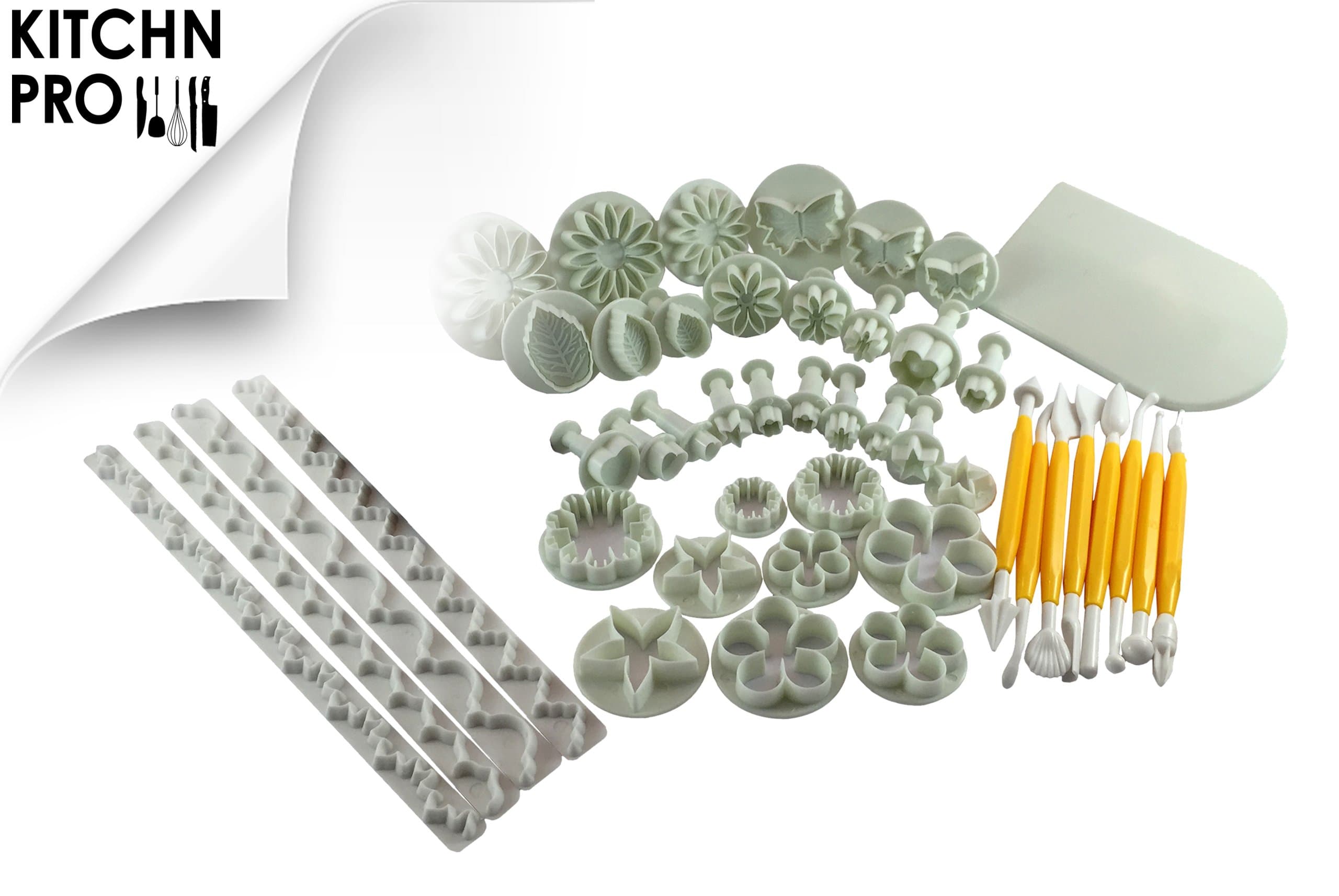 46 piece Fondant Cutter and Modelling Tool Set with Ejector Cutters, Stamps, Smoother, Trim Decorator and Modelling Tools. Ideal for Fondant Icing, Sugarpaste and Marzipan Cake Decorations