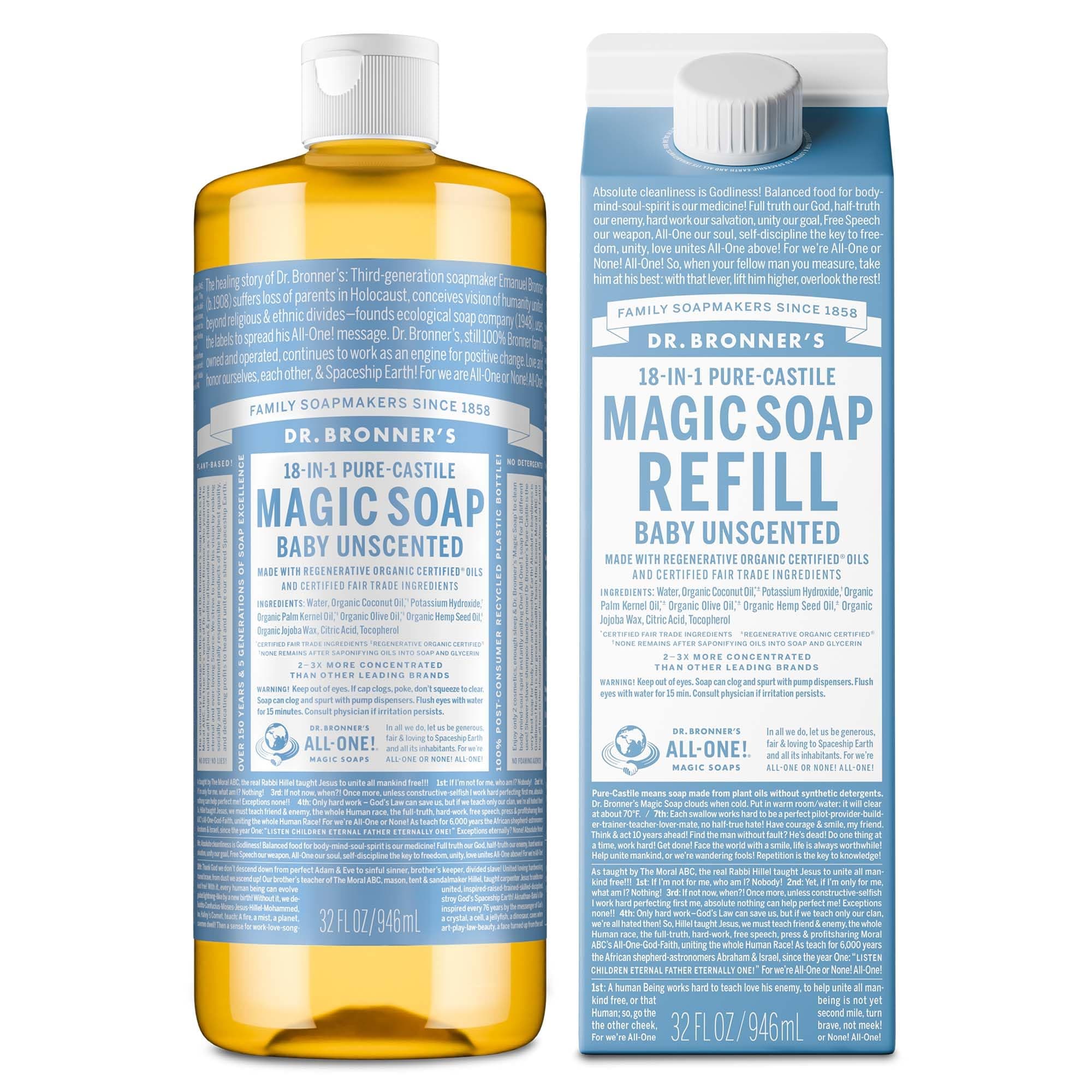Pure-Castile Liquid Magic Soap Bottle & Refill Carton - Made with Regenerative Organic Certified Oils- 18-in-1 Uses for Face, Body Wash, Hand Soap Refill- Baby Unscented, 32 oz
