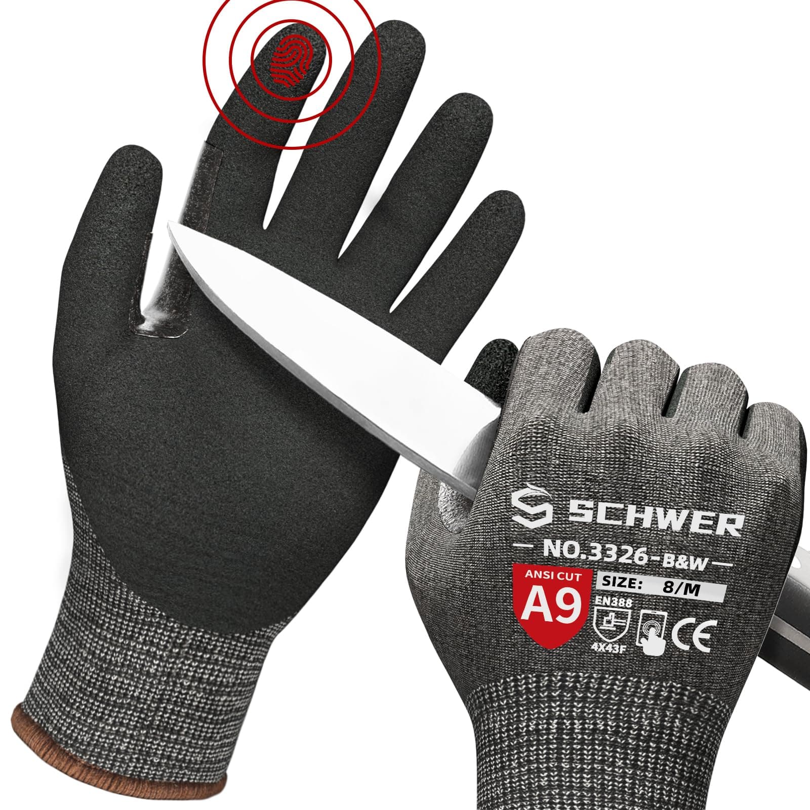 Schwer ProGuard Highest Level Cut Resistant Work Gloves PR3326 for Extreme Protection,ANSI A9 Cut Gloves with Reinforced Thumb, Non Slip, Non PFAS, Durable, Touch-screen, Black 120 Pairs, M