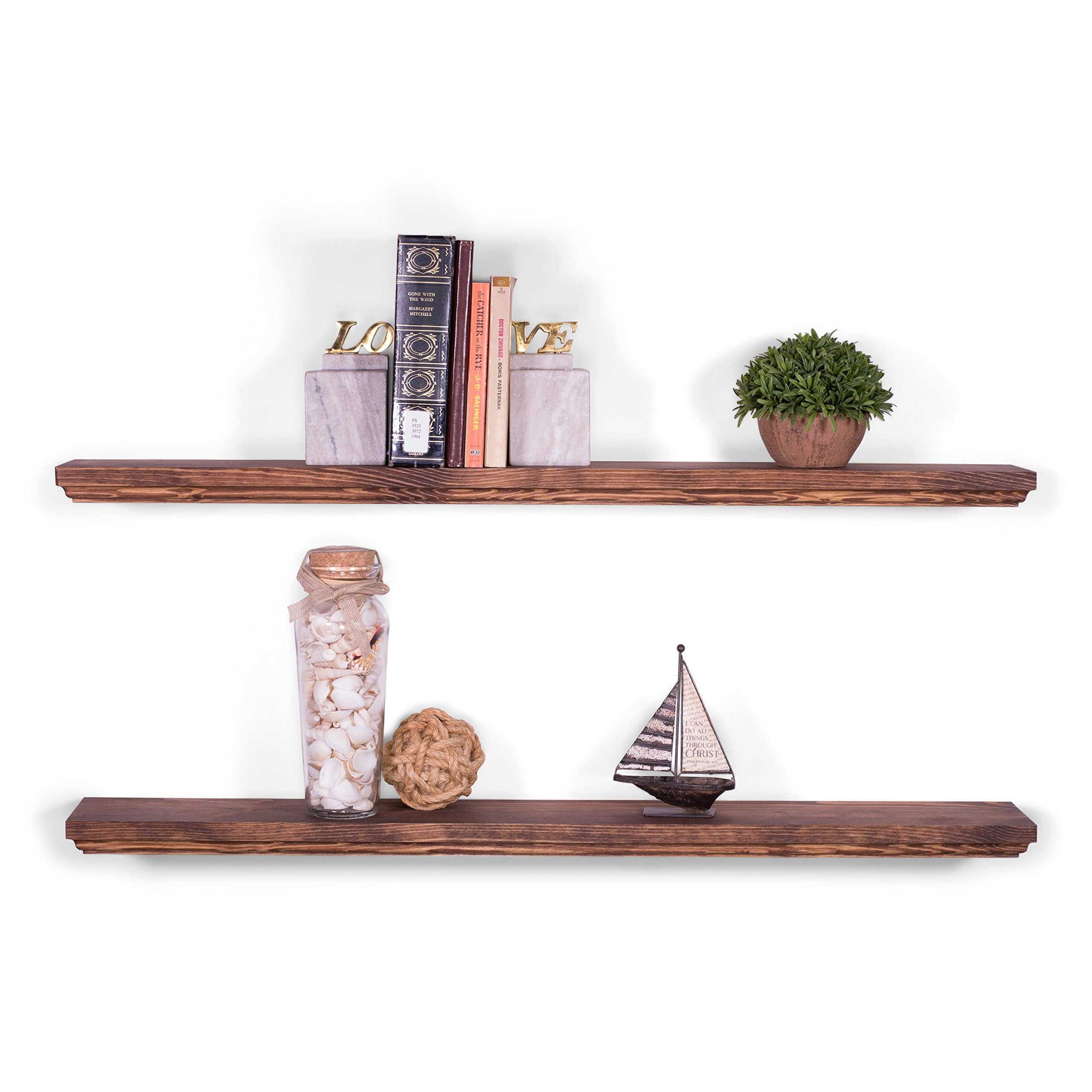 DAKODA LOVE 36" x 5.25" Routed Edge Solid Wood Floating Shelves | Premium Handmade Quality | Easy Hidden Bracket Wall Mount | Contemporary Pine | Set of 2 (Bourbon)