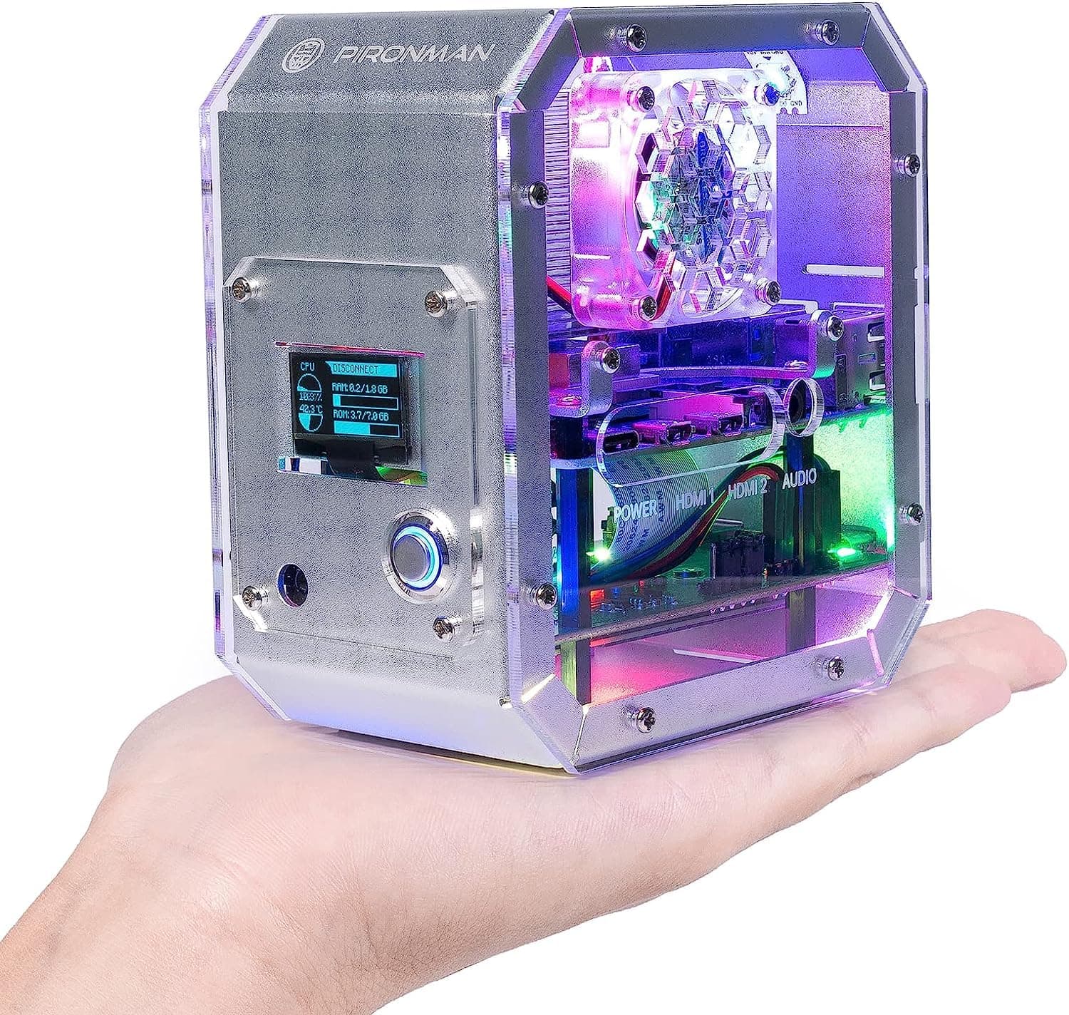 Pironman Mini PC Case for Raspberry Pi - Aluminum Alloy Tower Case with Fan, Tower Cooler, M.2 SATA SSD Expansion Board, 0.96" OLED, IR Receiver and Power Button for Raspberry Pi 4