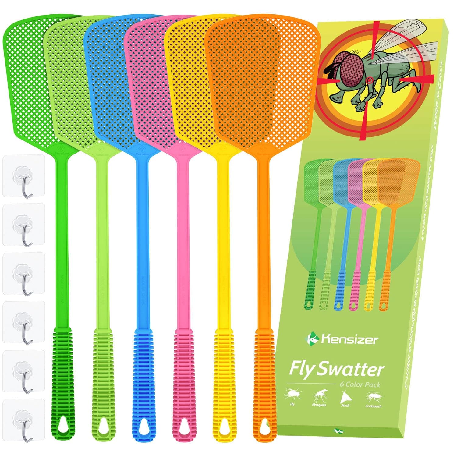 Kensizer 6-Pack Plastic Fly Swatters Heavy Duty, Multi Pack Matamoscas, Jumbo Long Handle Fly Swat Shatter Bulk, Large Bug Swatter that Work for Indoor and Outdoor
