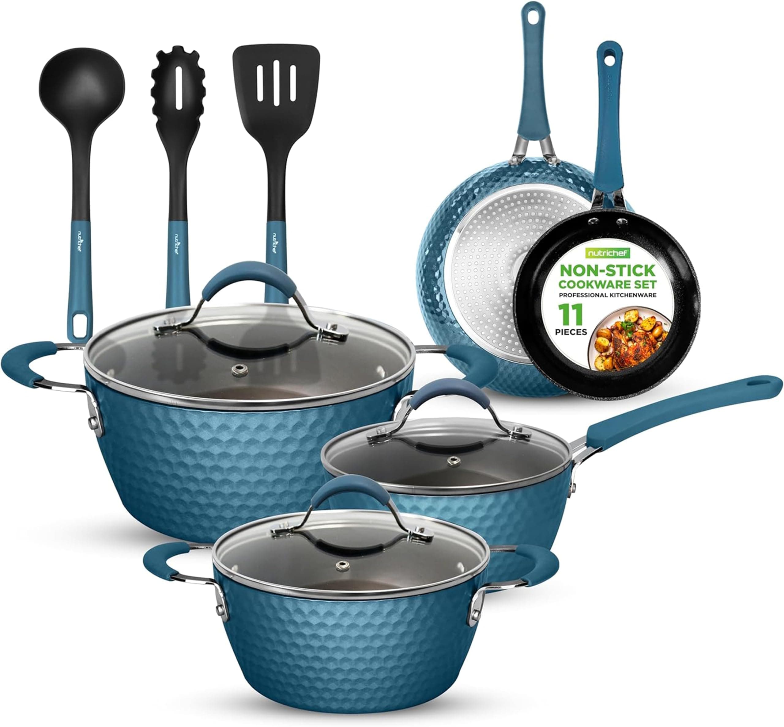 11 Pc Pots and Pans Set Non Stick Cookware with Ceramic Coating, Ergonomic Handles, Induction Ready, Includes Saucepan, Dutch Oven, Large & Small Fry Pans, Royal Blue