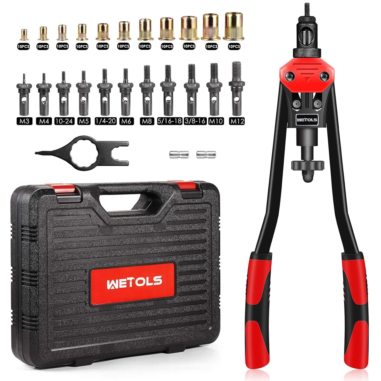 WETOLS 16" Rivet Nut Tool, Professional Rivet Nut Tool Kit with 11 Metric & Inch Mandrels M3 M4 M5 M6 M8 M10 M12, 10/24-1.06, 1/4-20, 5/16-18, 3/8-16, 110pcs Rivnuts and Blow Carry Case - WE889