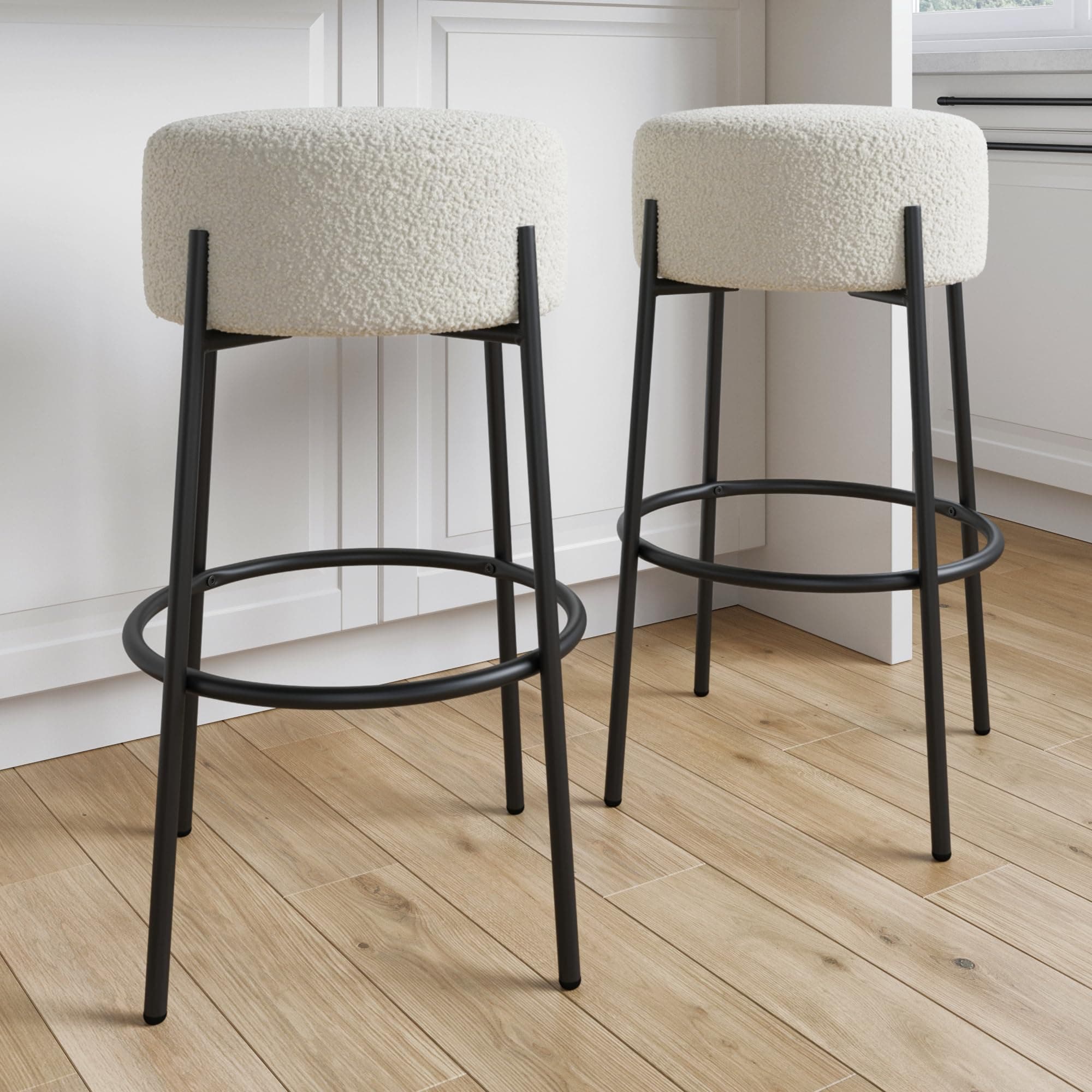 Nathan James Isaac 29" Modern Backless Bar Stool with Round Soft Padded Boucle Seat and Metal Mid-Century Base, Boucle White/Black, Set of 2
