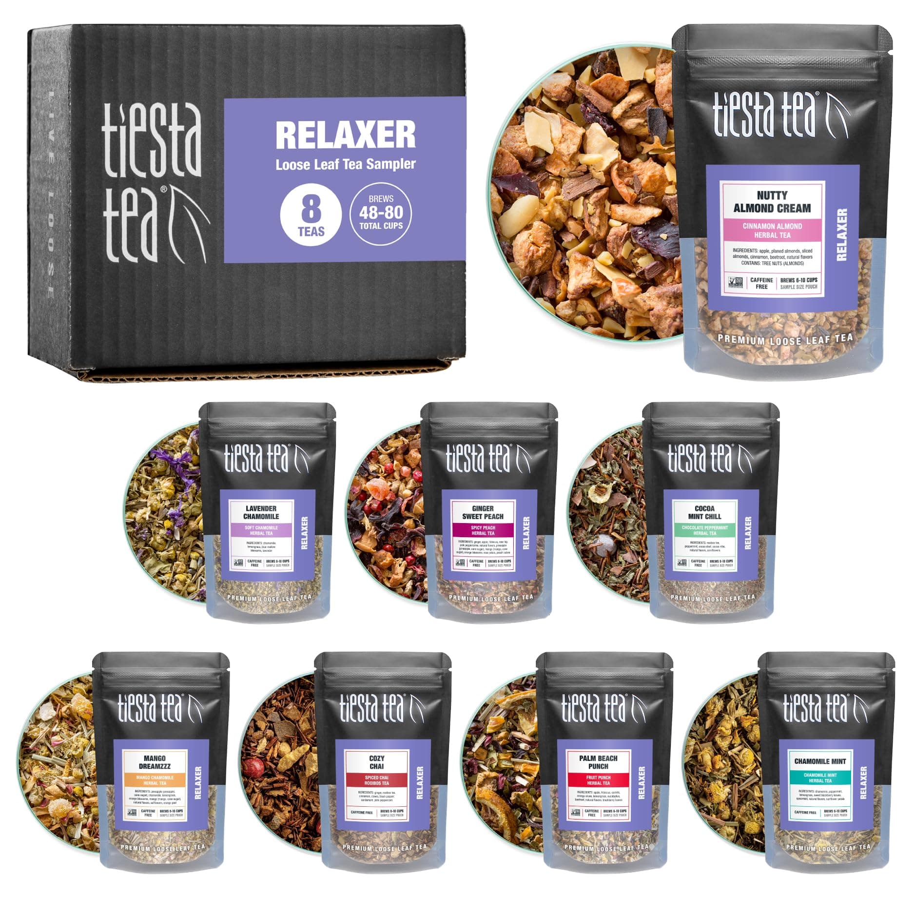 Tiesta Tea - 8 Herbal & Rooibos Sampler Dry Flight Set, Loose Leaf, No Caffeine, Makes Hot and Iced, Assorted Tea Sets with Herbal, Chai, Fruit Blends & More, 8 Resealable Sample Pouches