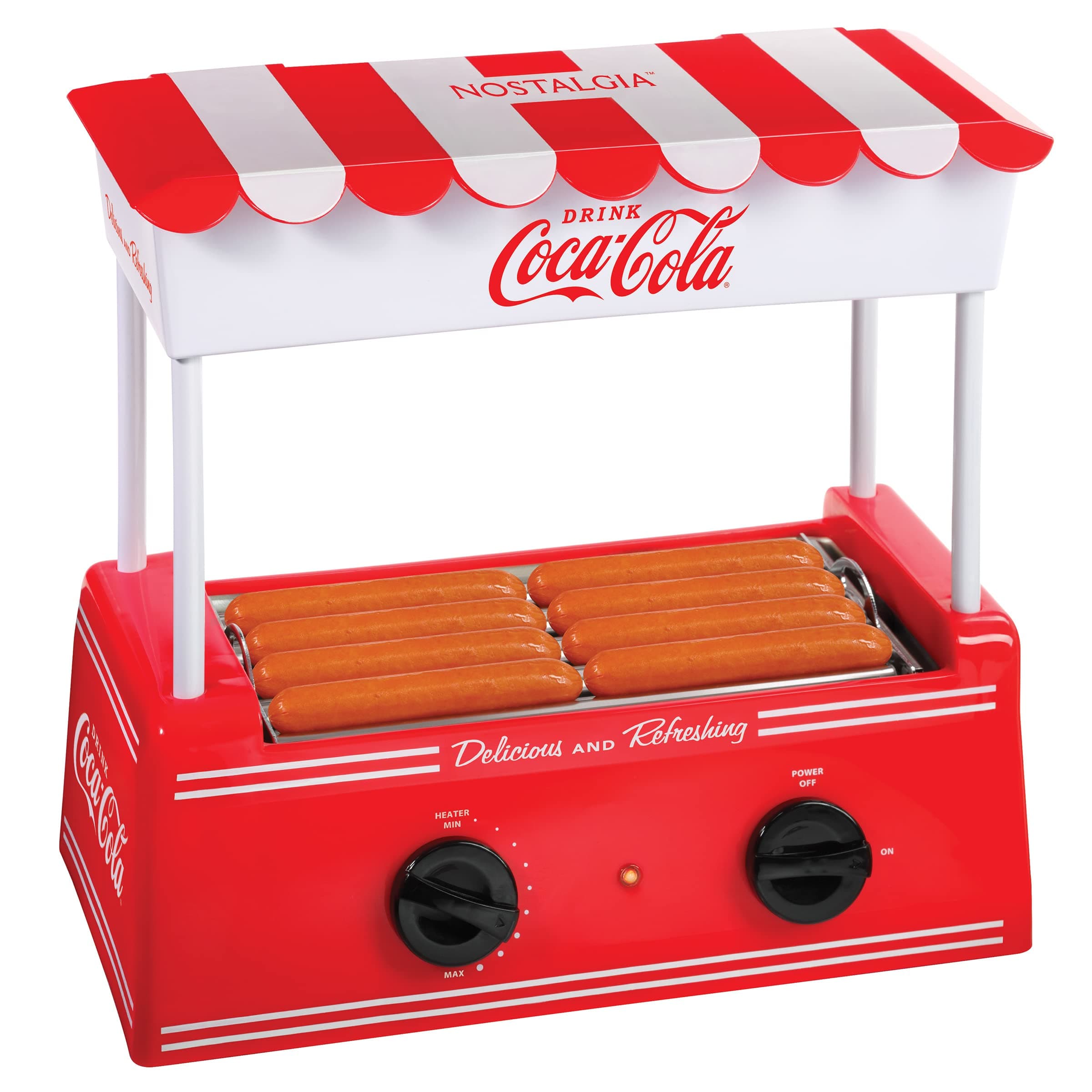 NostalgiaCoca-Cola Hot Dog Roller Holds 8 Regular Sized or 4-Foot-Long Hot Dogs and 6 Bun Capacity, Stainless Steel Rollers, Perfect For Breakfast Sausages, Brats, Taquitos, Egg Rolls, Red/White