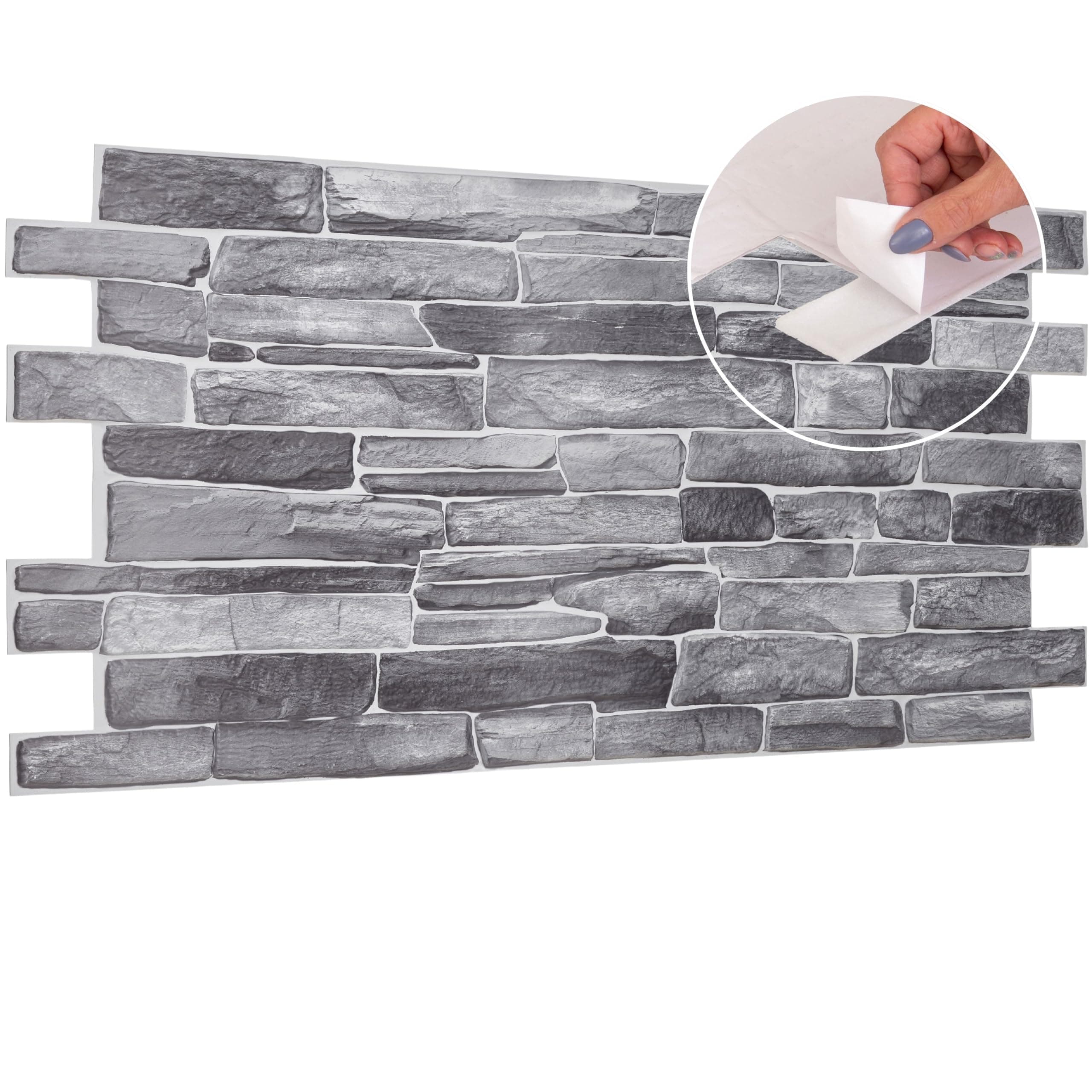 3D Wall Panels Self Adhesive - 4 Sheets Covering 1.84 sqm | 19.84 sqf - PVC Wall Cladding Panels | Stone Cladding Effect | Easy Peel & Stick | Natural Grey Rock Stone Design