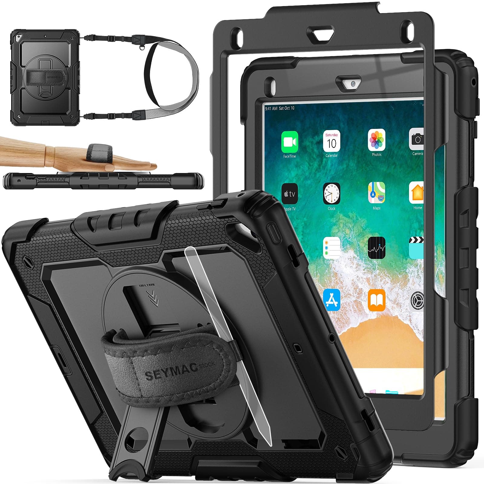 Case for iPad 6th / 5th Generation Case/Air 2 / Pro 9.7 inch, Heavy Duty Protective with Screen Protector, with Pencil Holder, Hand Strap, Shoulder Strap, 360 Rotate Stand, Black